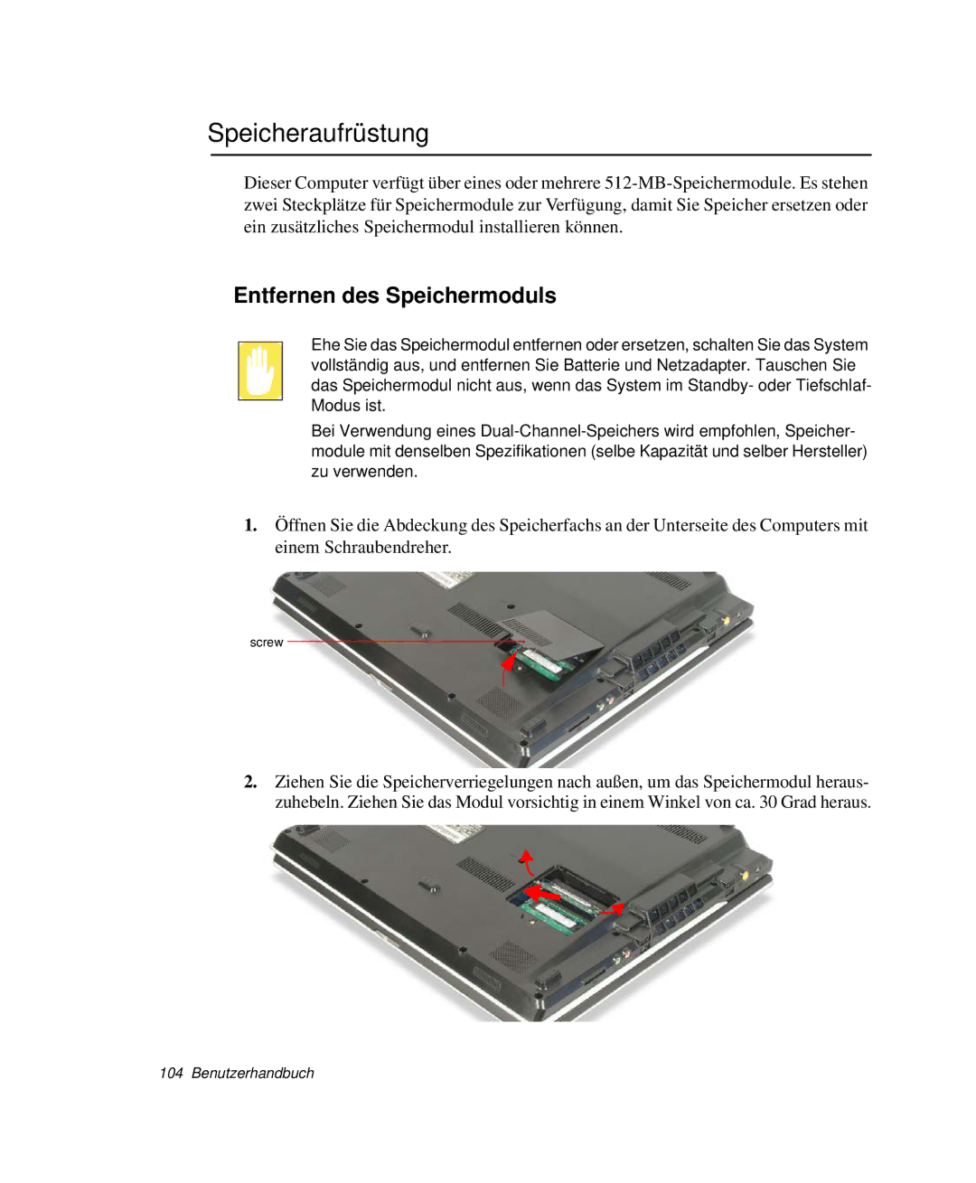 Samsung NP-G10K000/SEG, NP-G10K001/SEG manual Speicheraufrüstung, Entfernen des Speichermoduls 