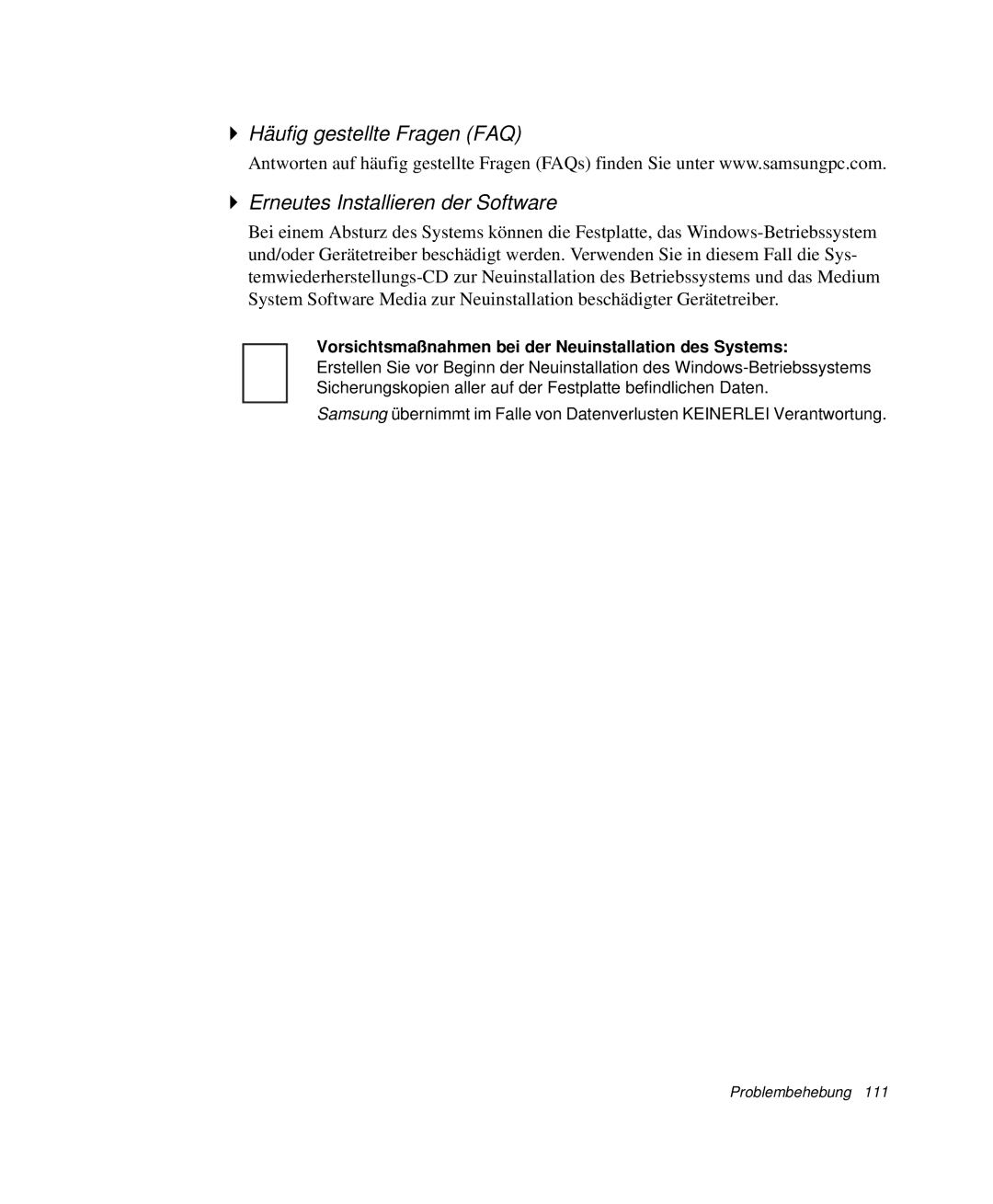 Samsung NP-G10K001/SEG, NP-G10K000/SEG manual Vorsichtsmaßnahmen bei der Neuinstallation des Systems 