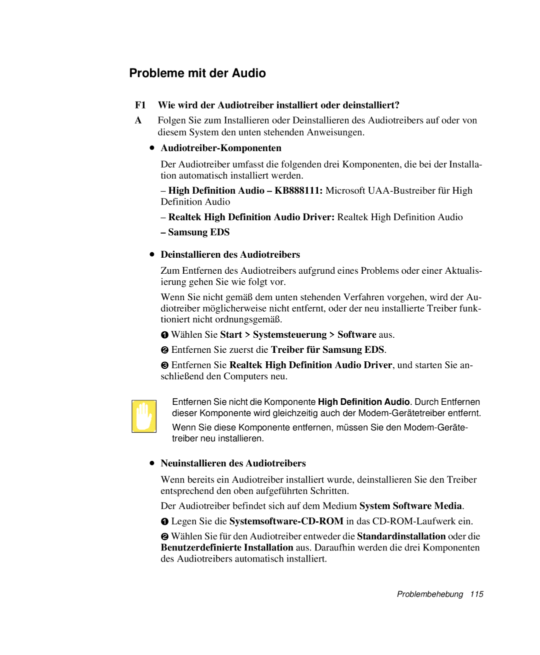 Samsung NP-G10K001/SEG, NP-G10K000/SEG Probleme mit der Audio, Audiotreiber-Komponenten, Neuinstallieren des Audiotreibers 