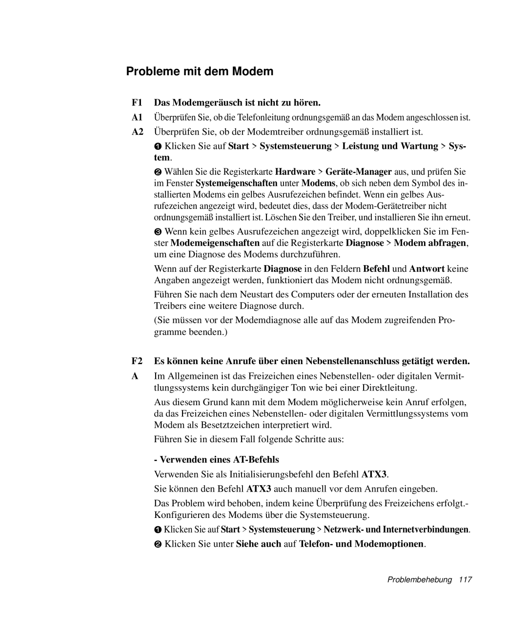 Samsung NP-G10K001/SEG manual Probleme mit dem Modem, F1 Das Modemgeräusch ist nicht zu hören, Verwenden eines AT-Befehls 