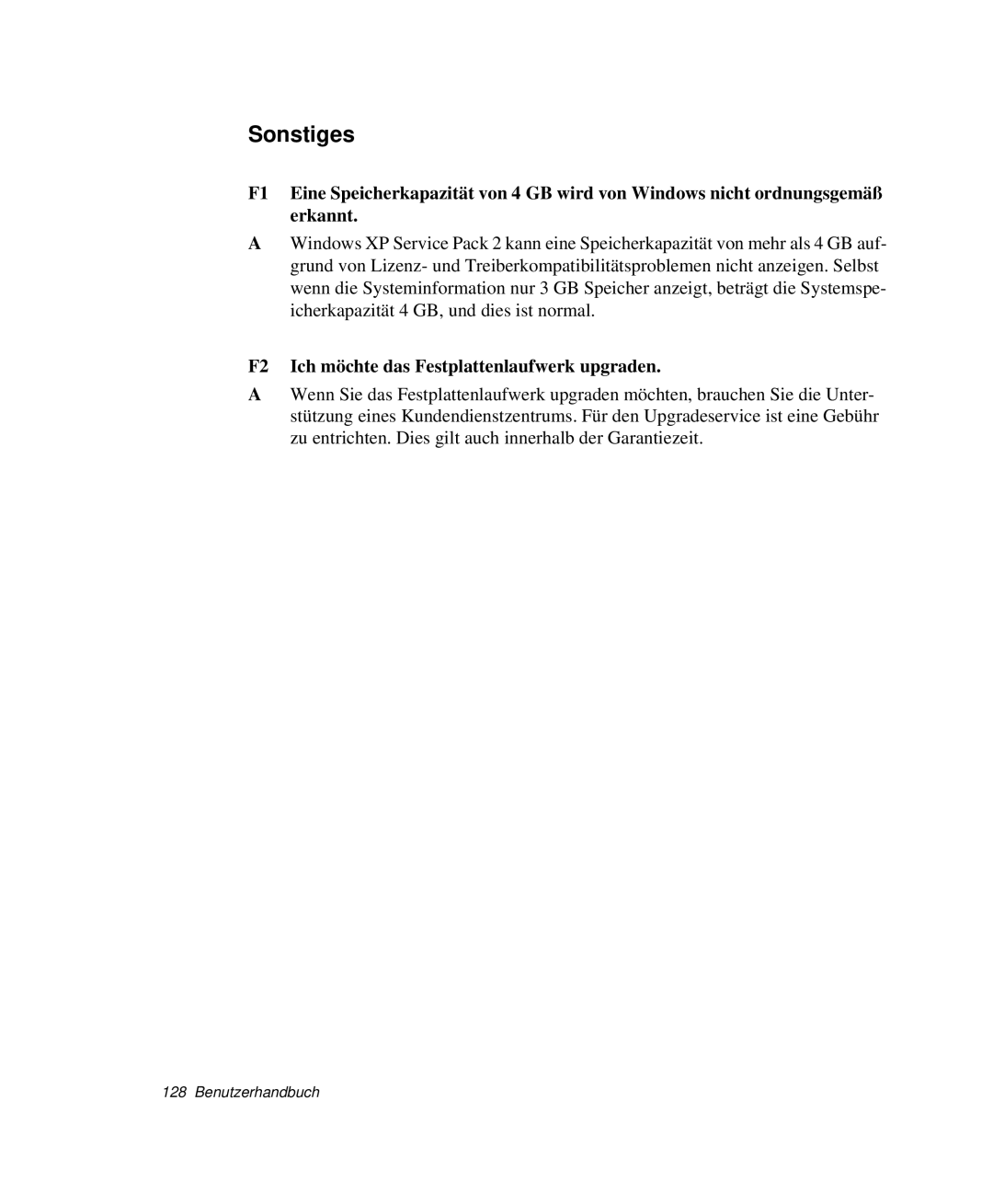 Samsung NP-G10K000/SEG, NP-G10K001/SEG manual Sonstiges, F2 Ich möchte das Festplattenlaufwerk upgraden 