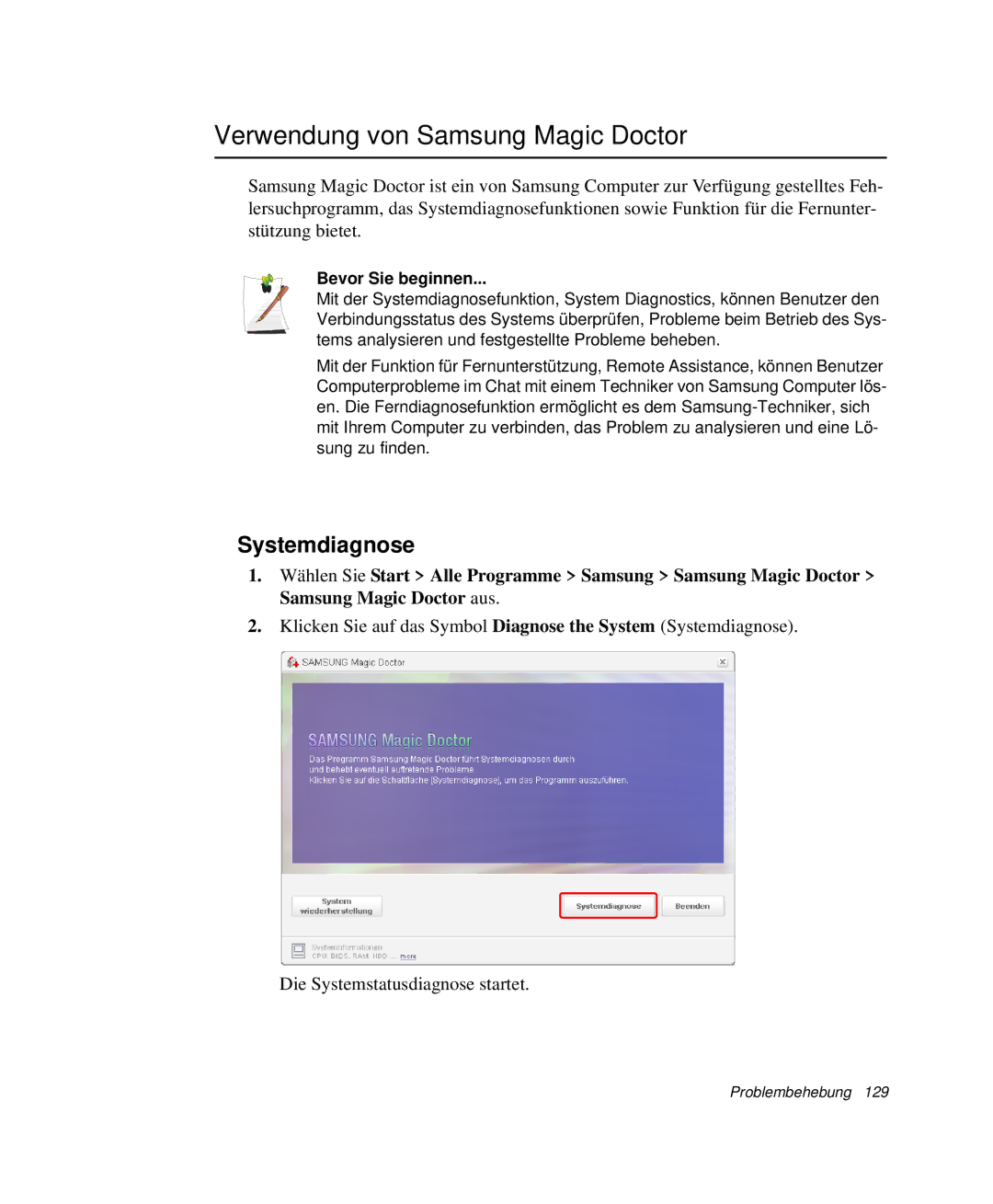 Samsung NP-G10K001/SEG, NP-G10K000/SEG manual Verwendung von Samsung Magic Doctor, Systemdiagnose, Bevor Sie beginnen 