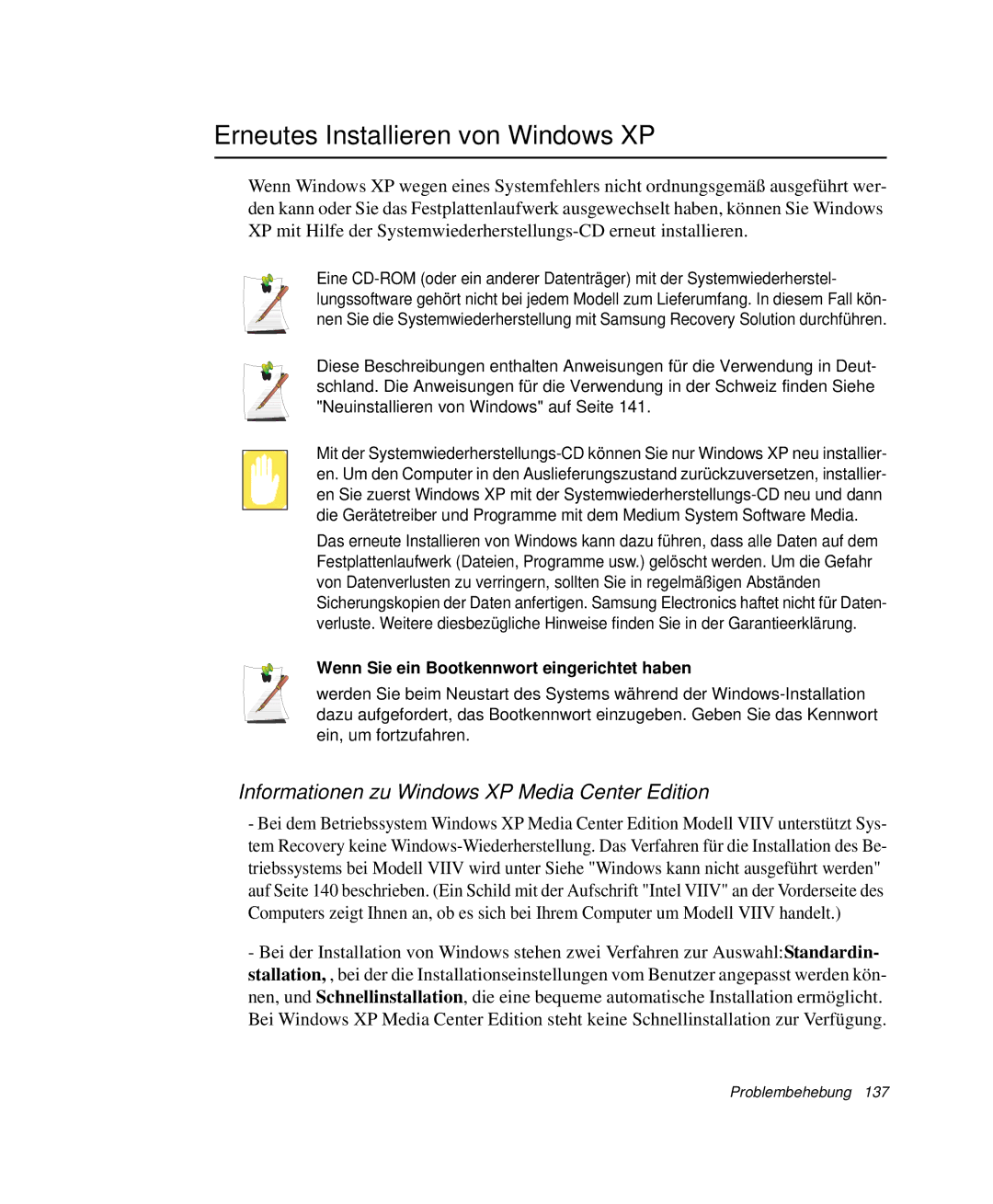 Samsung NP-G10K001/SEG manual Erneutes Installieren von Windows XP, Informationen zu Windows XP Media Center Edition 