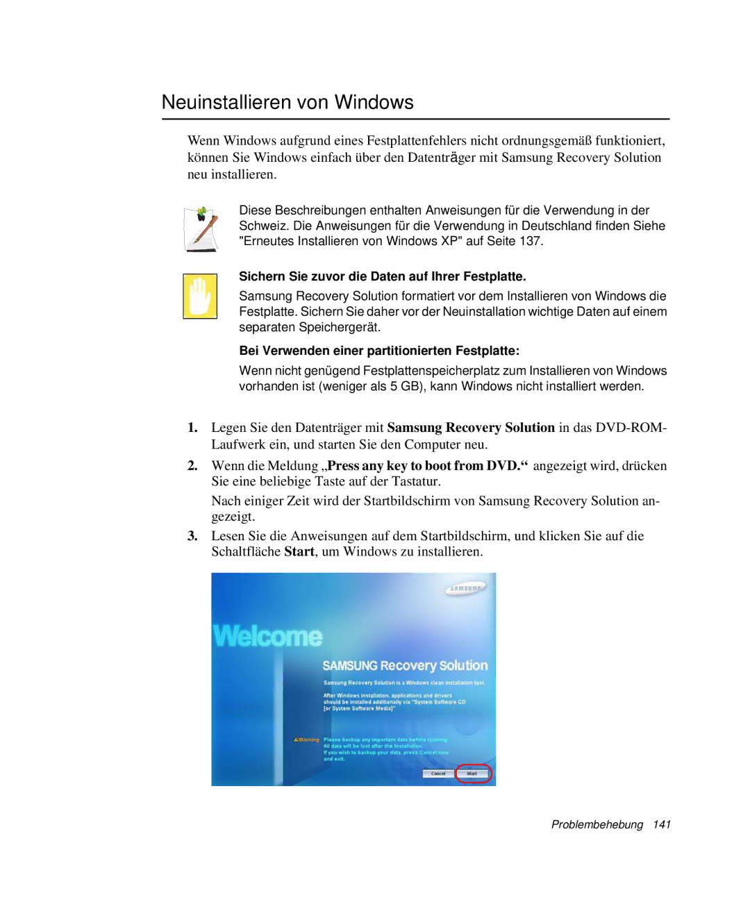 Samsung NP-G10K001/SEG, NP-G10K000/SEG manual Neuinstallieren von Windows, Sichern Sie zuvor die Daten auf Ihrer Festplatte 