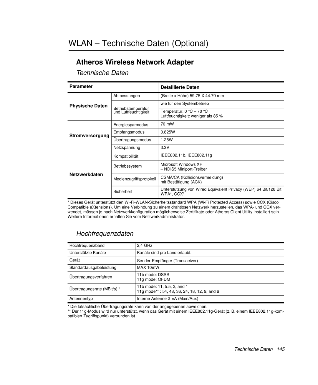 Samsung NP-G10K001/SEG, NP-G10K000/SEG Wlan Technische Daten Optional, Atheros Wireless Network Adapter, Hochfrequenzdaten 