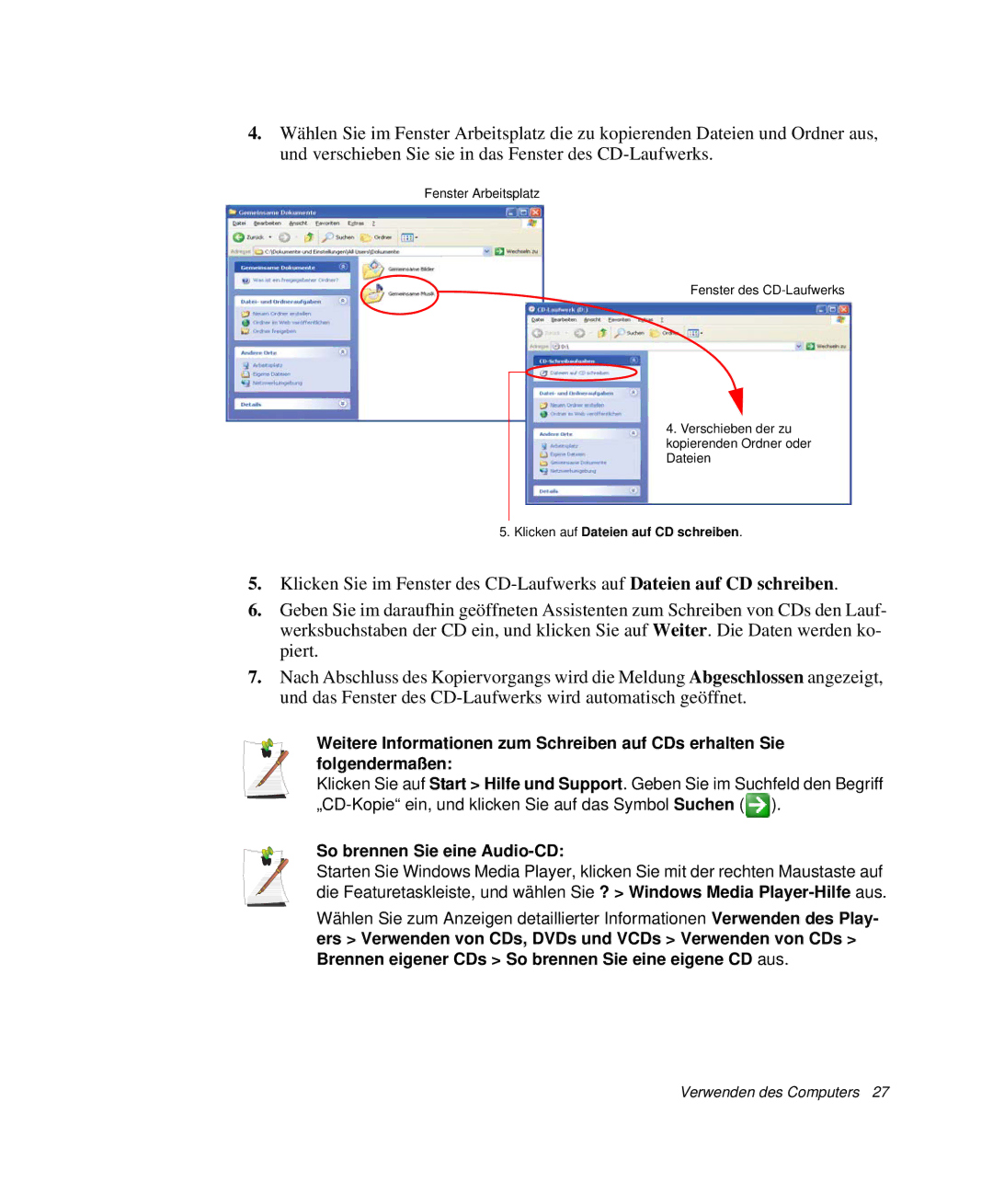 Samsung NP-G10K001/SEG, NP-G10K000/SEG manual So brennen Sie eine Audio-CD 