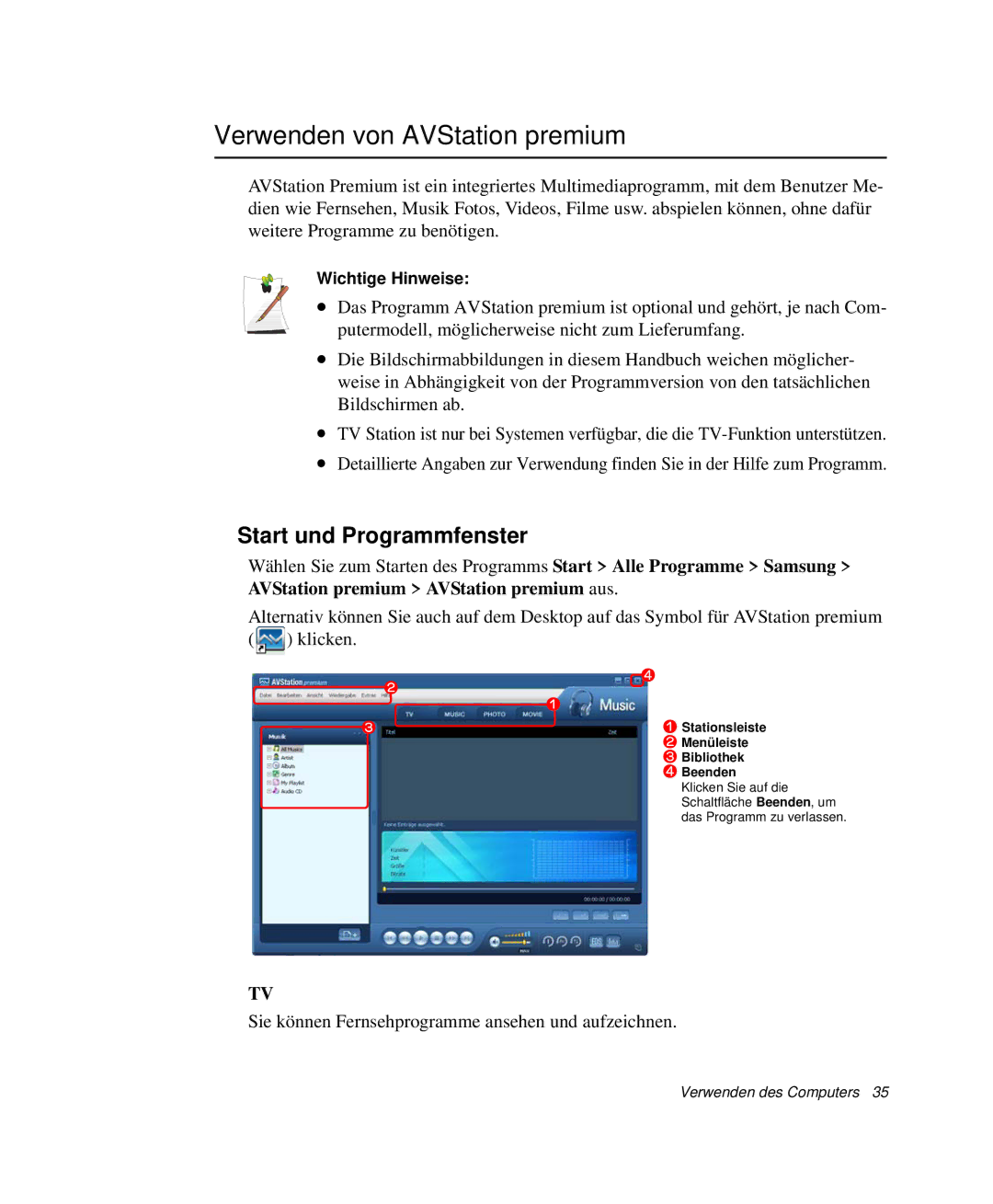 Samsung NP-G10K001/SEG, NP-G10K000/SEG manual Verwenden von AVStation premium, Start und Programmfenster, Wichtige Hinweise 