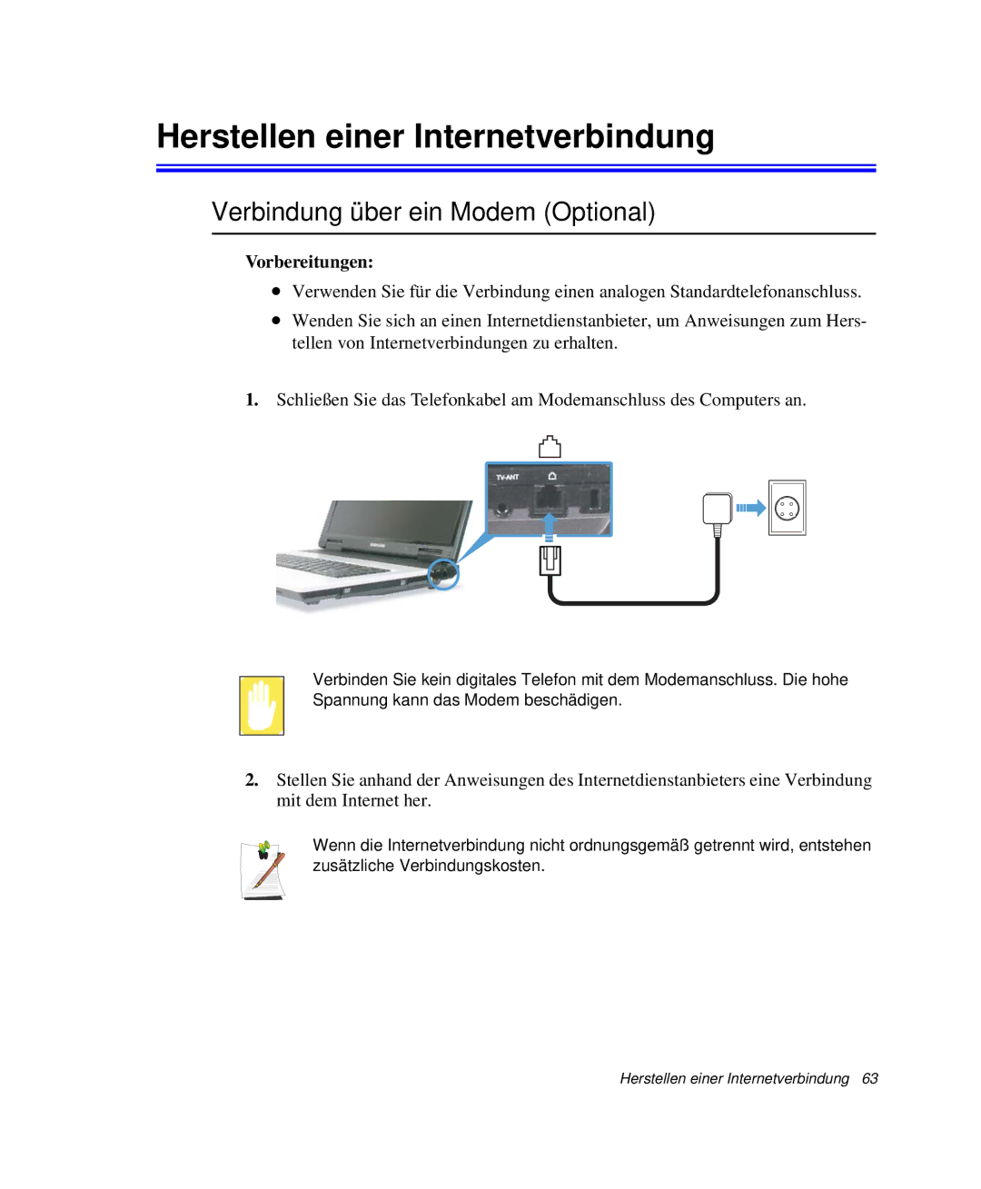 Samsung NP-G10K001/SEG manual Herstellen einer Internetverbindung, Verbindung über ein Modem Optional, Vorbereitungen 