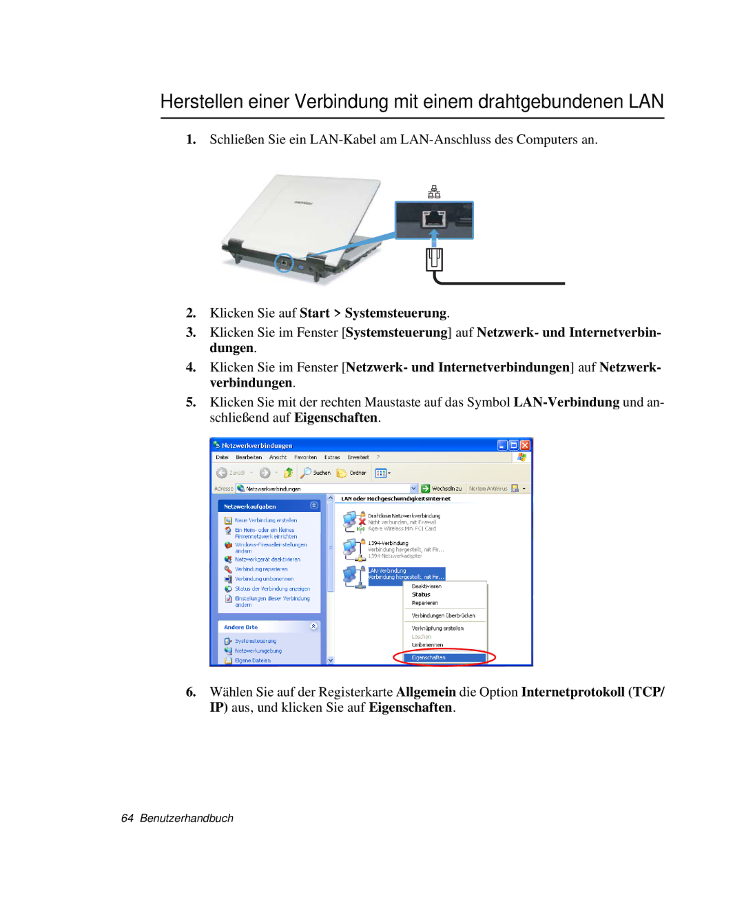 Samsung NP-G10K000/SEG, NP-G10K001/SEG manual Herstellen einer Verbindung mit einem drahtgebundenen LAN 