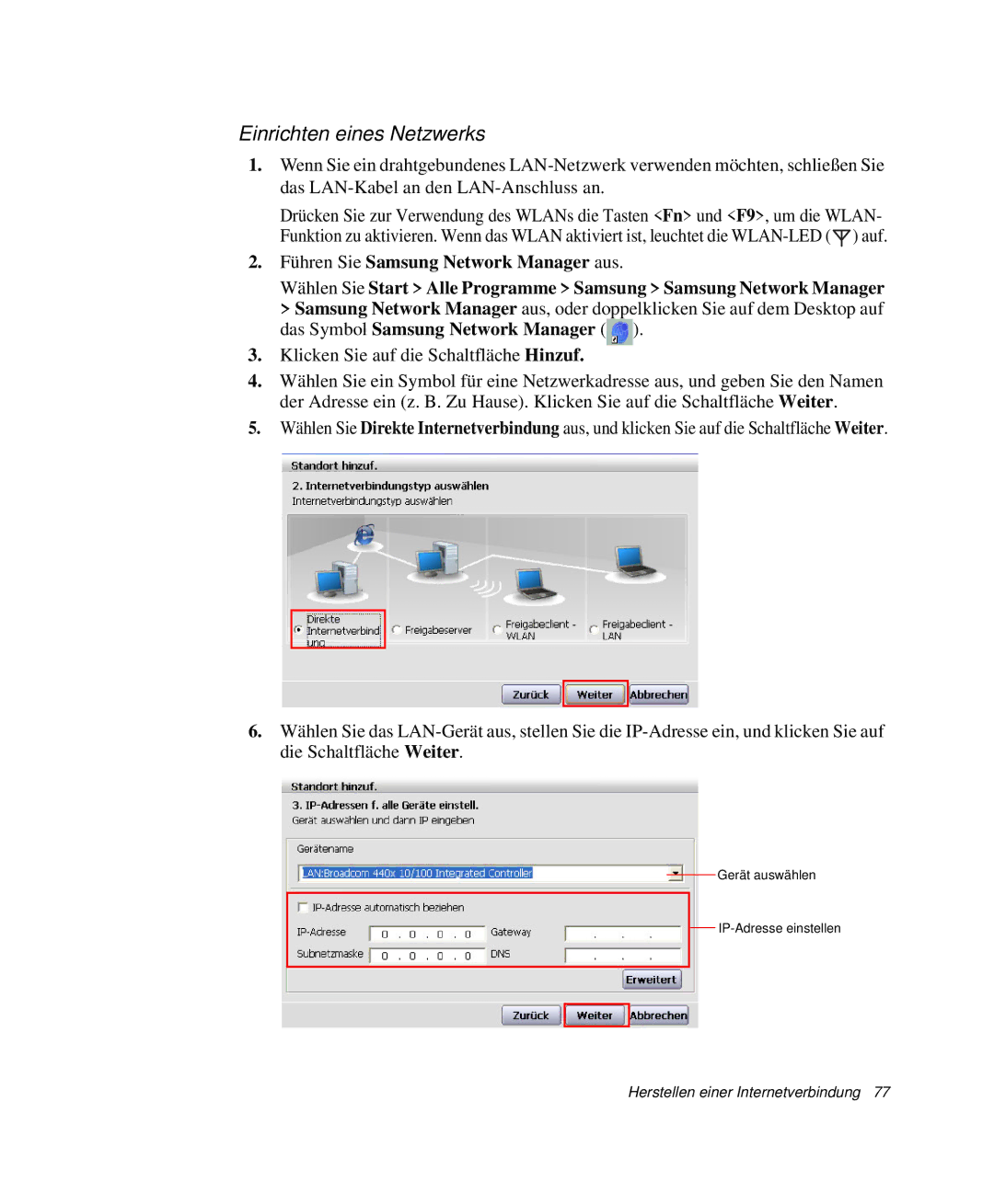 Samsung NP-G10K001/SEG, NP-G10K000/SEG manual Einrichten eines Netzwerks 