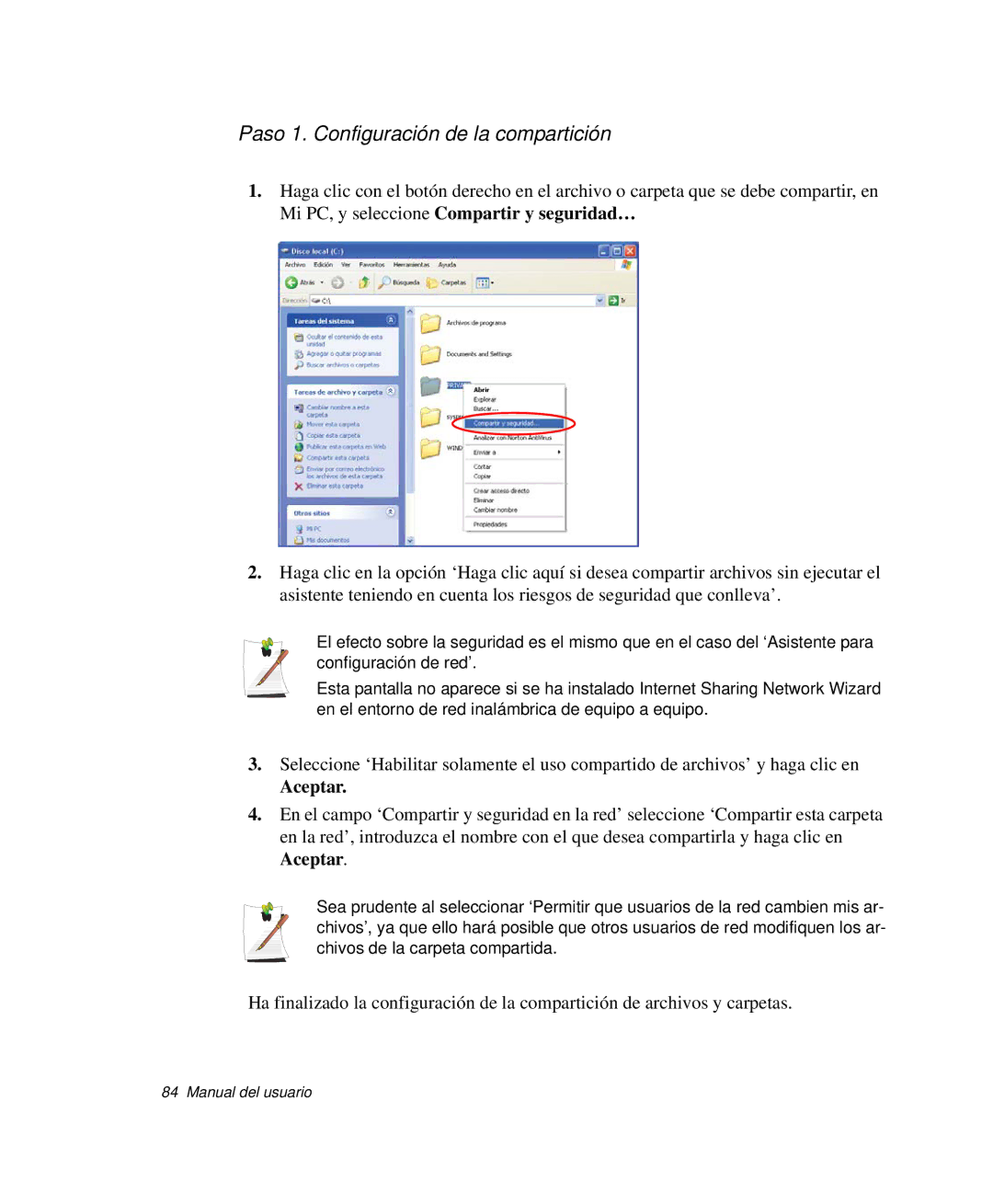 Samsung NP-G10K000/SES, NP-G10K001/SES manual Paso 1. Configuración de la compartición, Aceptar 