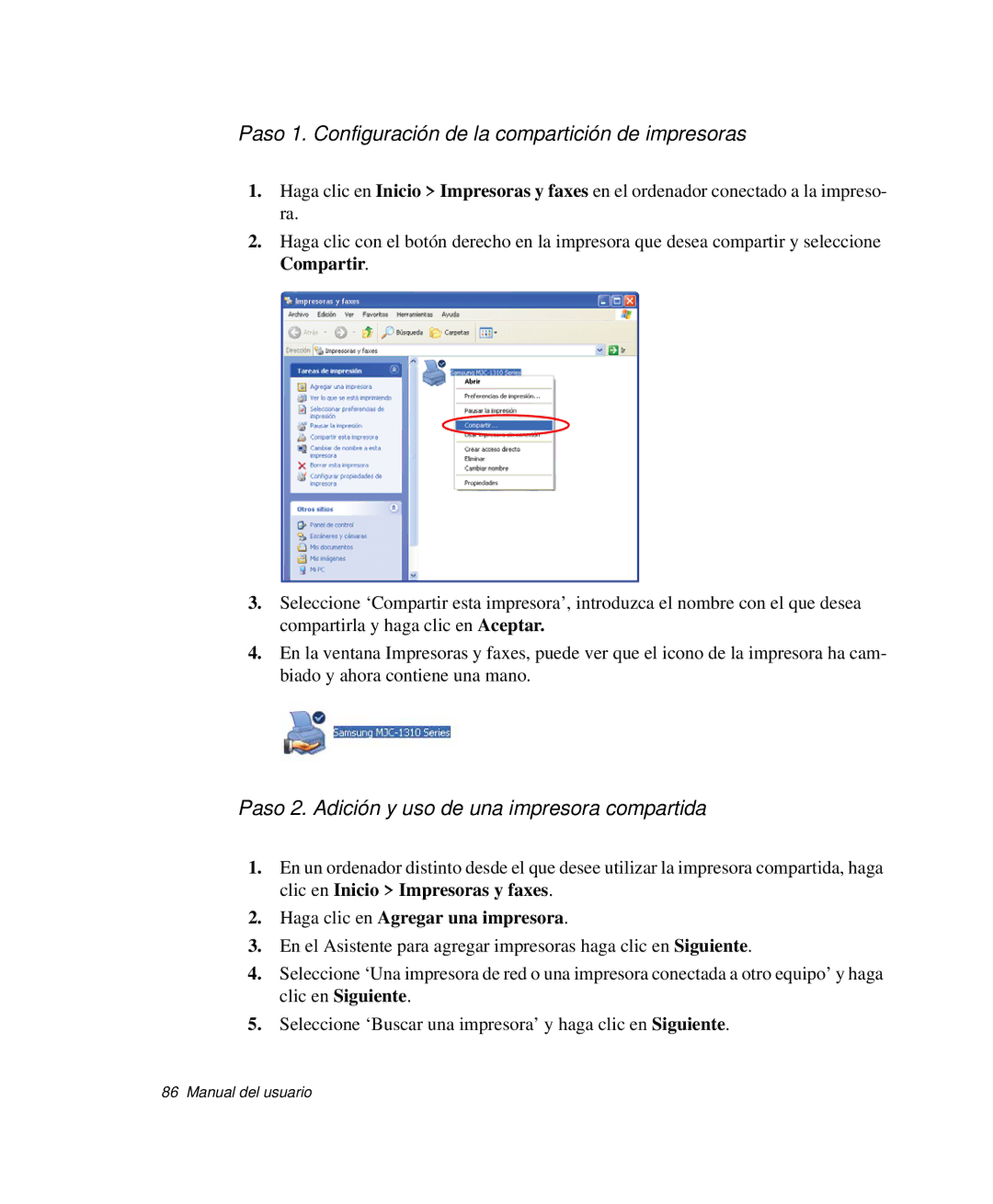 Samsung NP-G10K000/SES manual Paso 1. Configuración de la compartición de impresoras, Haga clic en Agregar una impresora 