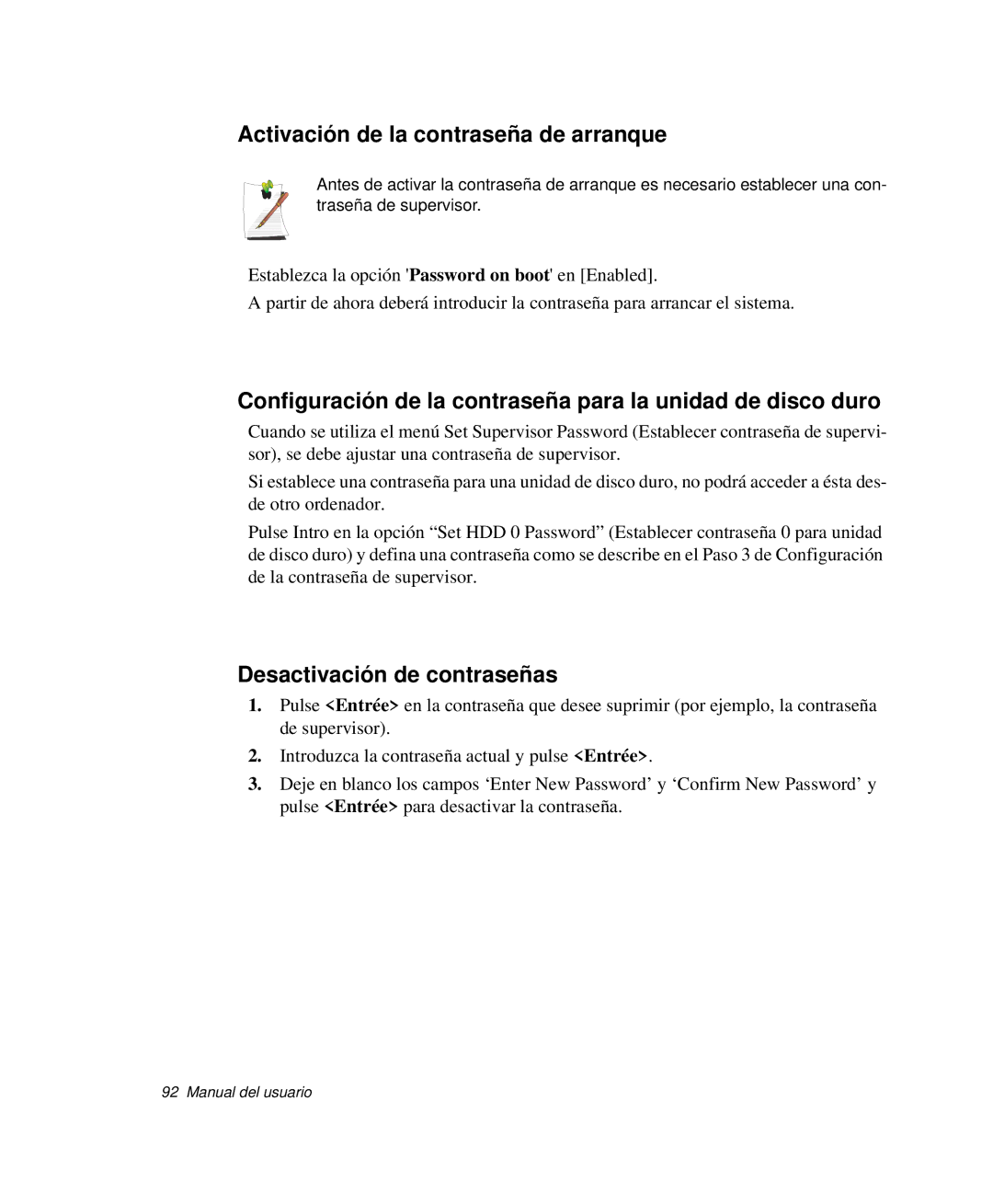 Samsung NP-G10K000/SES, NP-G10K001/SES manual Activación de la contraseña de arranque, Desactivación de contraseñas 