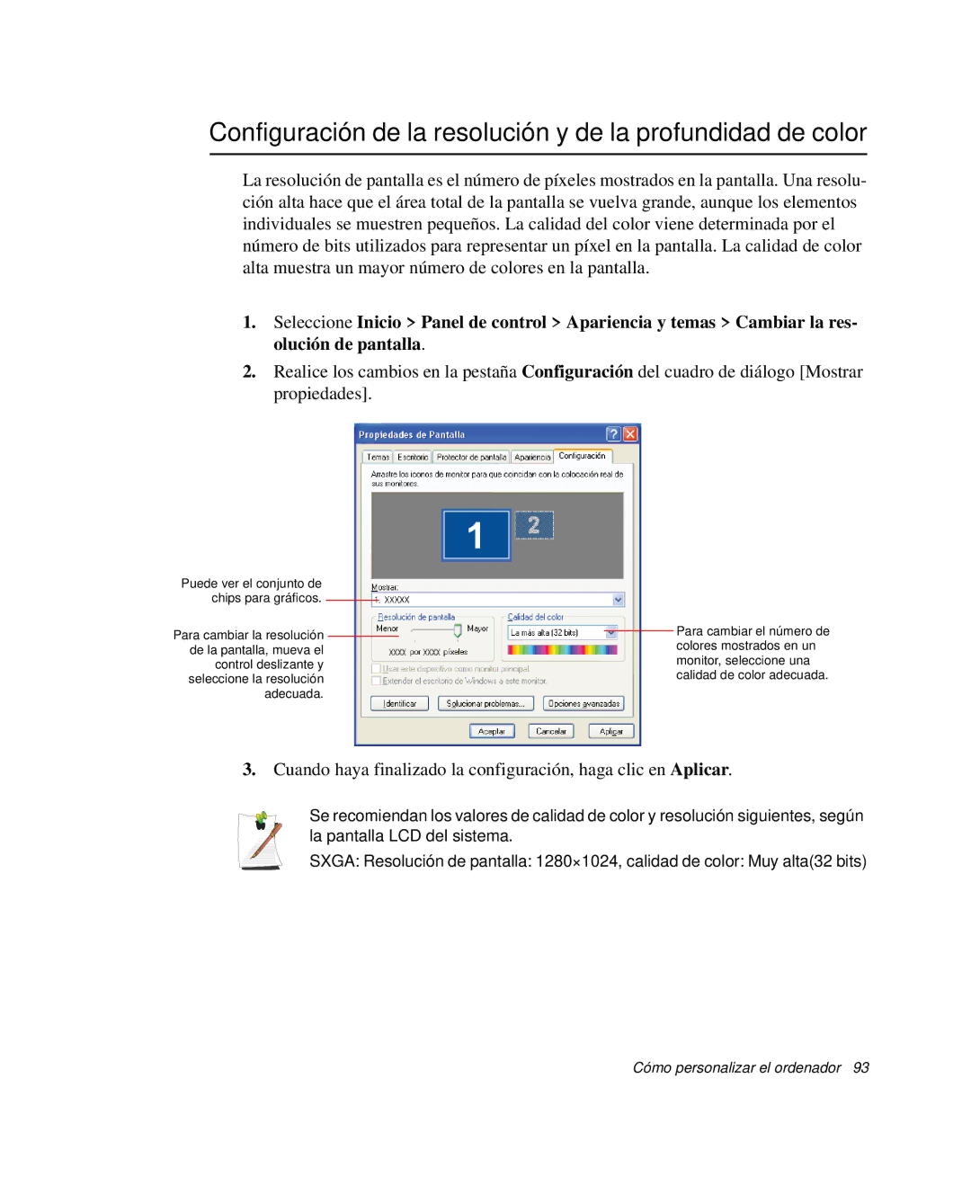 Samsung NP-G10K001/SES, NP-G10K000/SES manual Configuración de la resolución y de la profundidad de color 