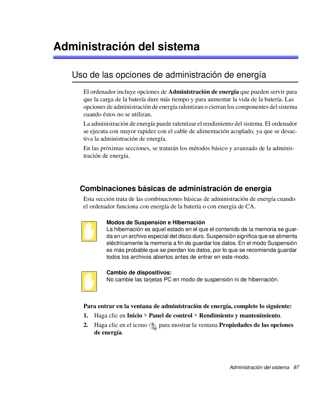 Samsung NP-G10K001/SES, NP-G10K000/SES manual Administración del sistema, Uso de las opciones de administración de energía 