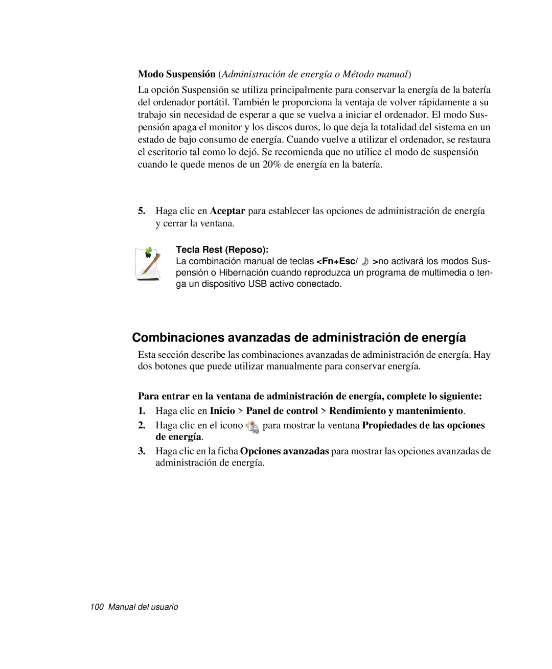 Samsung NP-G10K000/SES, NP-G10K001/SES manual Combinaciones avanzadas de administración de energía, Tecla Rest Reposo 