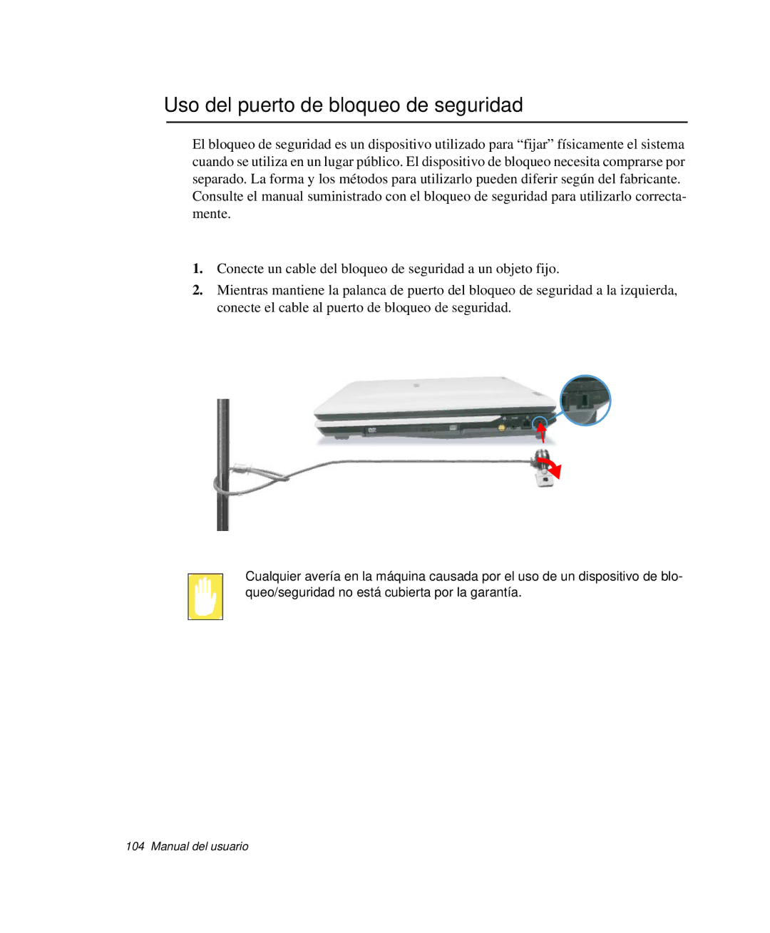 Samsung NP-G10K000/SES, NP-G10K001/SES manual Uso del puerto de bloqueo de seguridad 