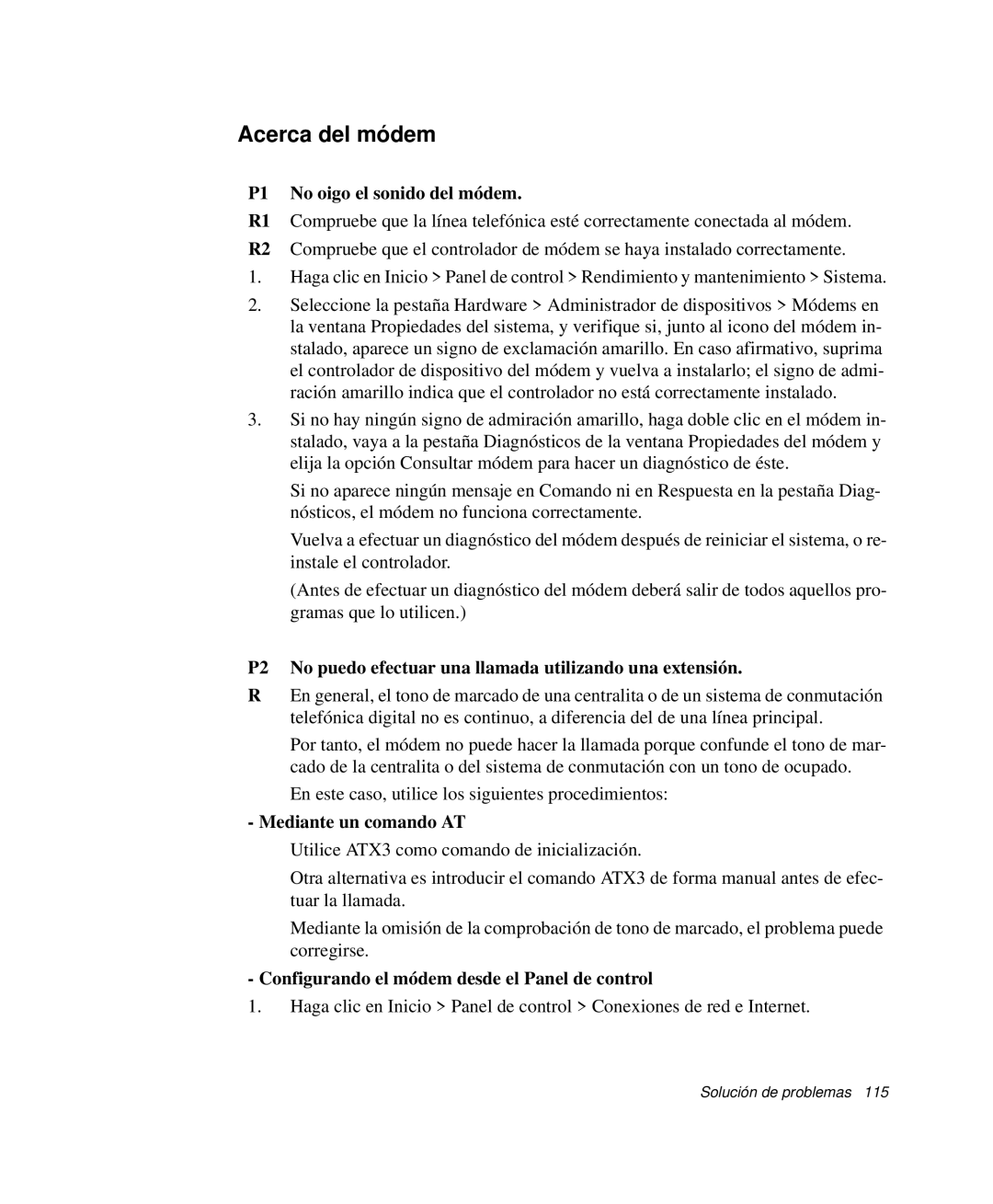 Samsung NP-G10K001/SES, NP-G10K000/SES manual Acerca del módem, P1 No oigo el sonido del módem, Mediante un comando AT 