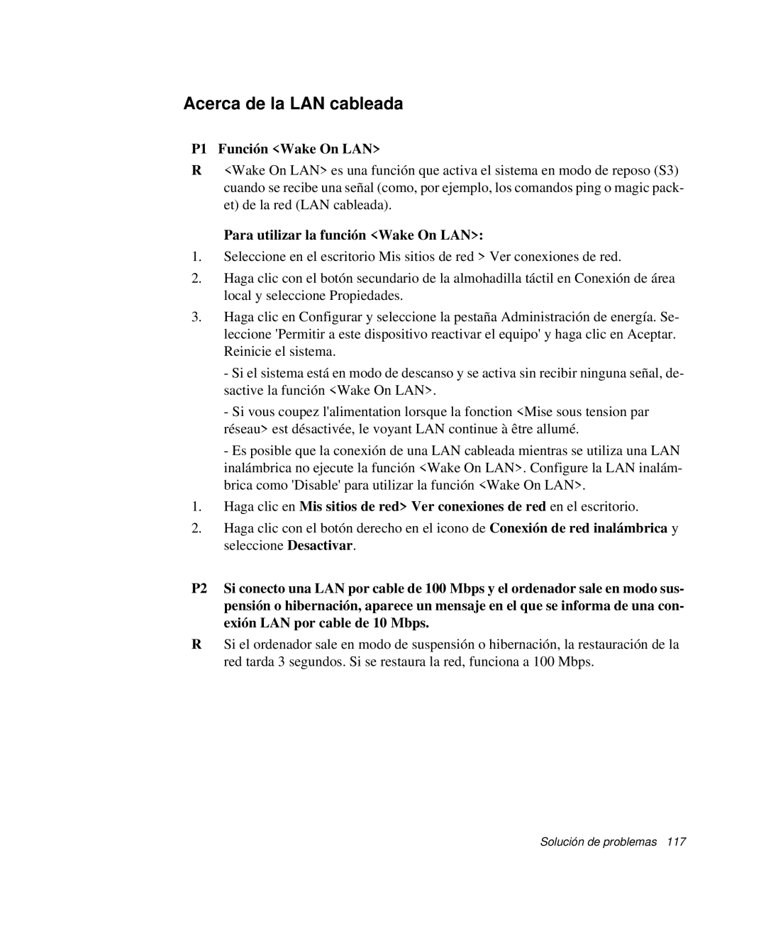 Samsung NP-G10K001/SES manual Acerca de la LAN cableada, P1 Función Wake On LAN, Para utilizar la función Wake On LAN 