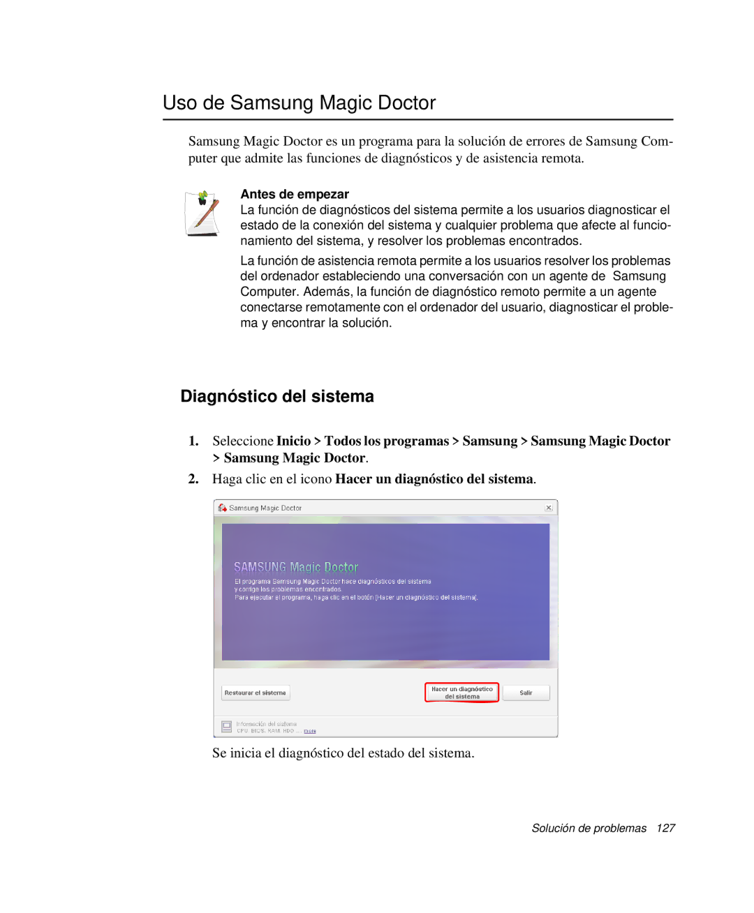 Samsung NP-G10K001/SES, NP-G10K000/SES manual Uso de Samsung Magic Doctor, Diagnóstico del sistema, Antes de empezar 