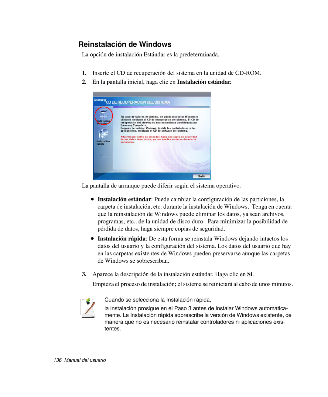 Samsung NP-G10K000/SES, NP-G10K001/SES manual Reinstalación de Windows 