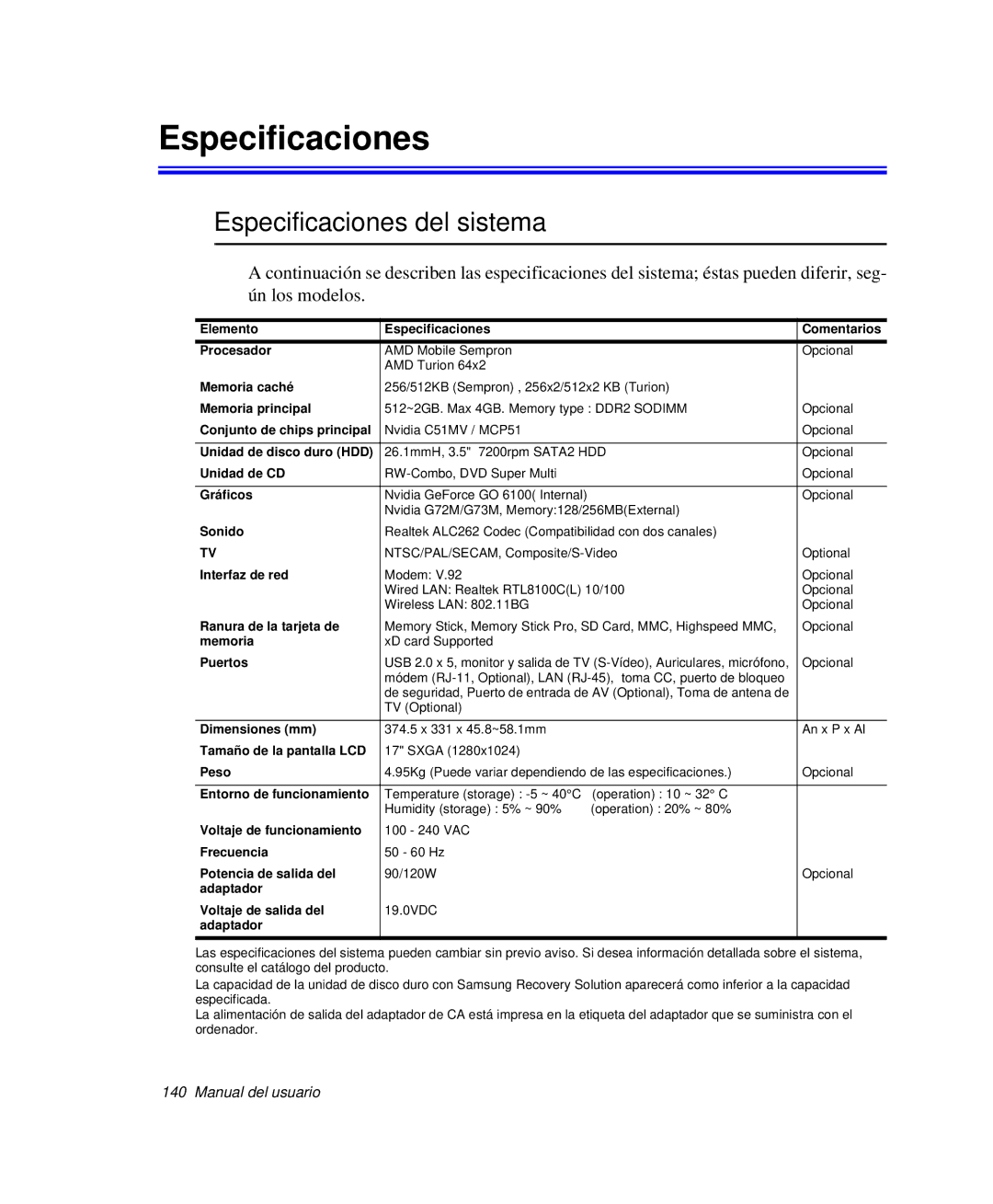 Samsung NP-G10K000/SES, NP-G10K001/SES manual Especificaciones del sistema 