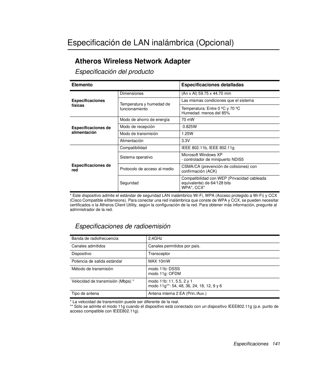 Samsung NP-G10K001/SES, NP-G10K000/SES manual Especificación de LAN inalámbrica Opcional, Atheros Wireless Network Adapter 