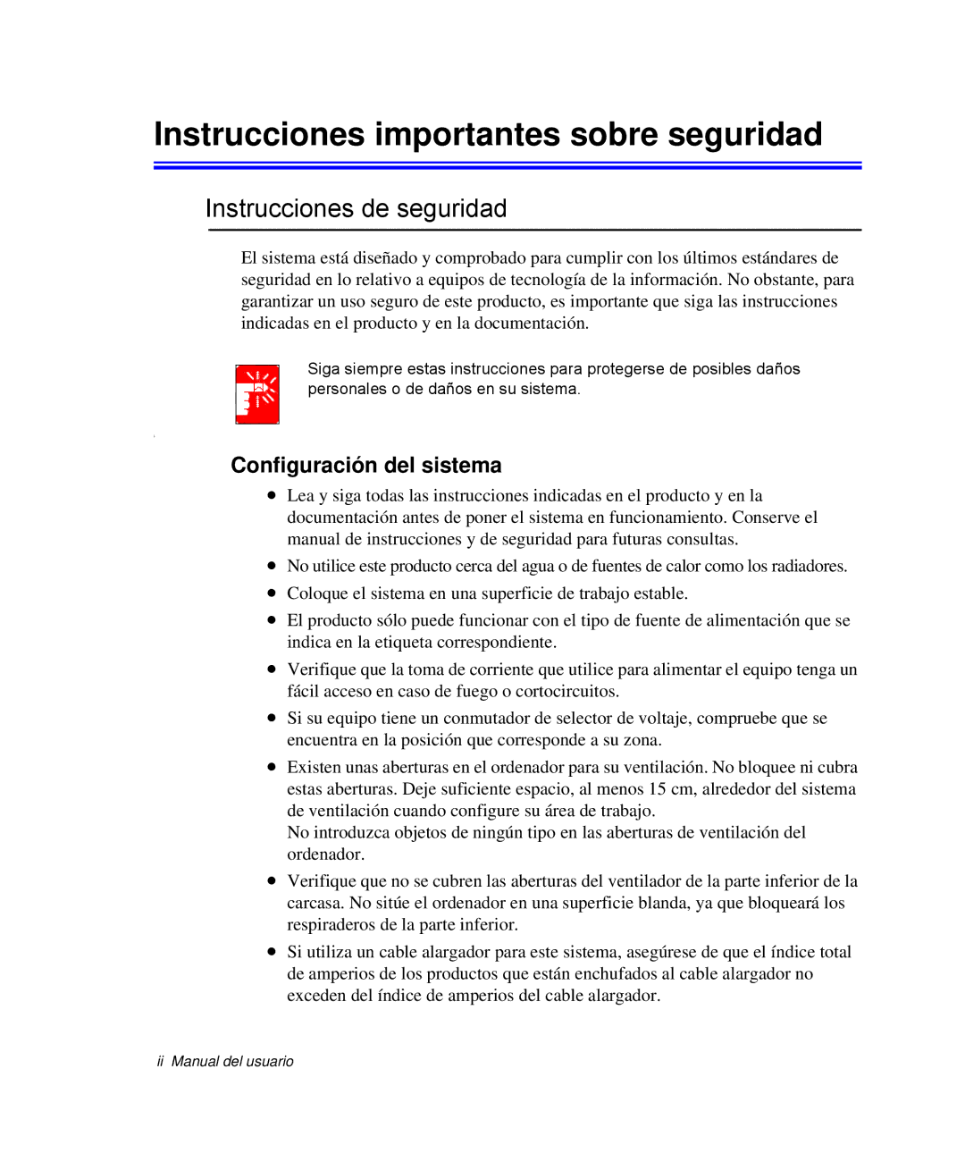 Samsung NP-G10K001/SES Instrucciones importantes sobre seguridad, Instrucciones de seguridad, Configuración del sistema 