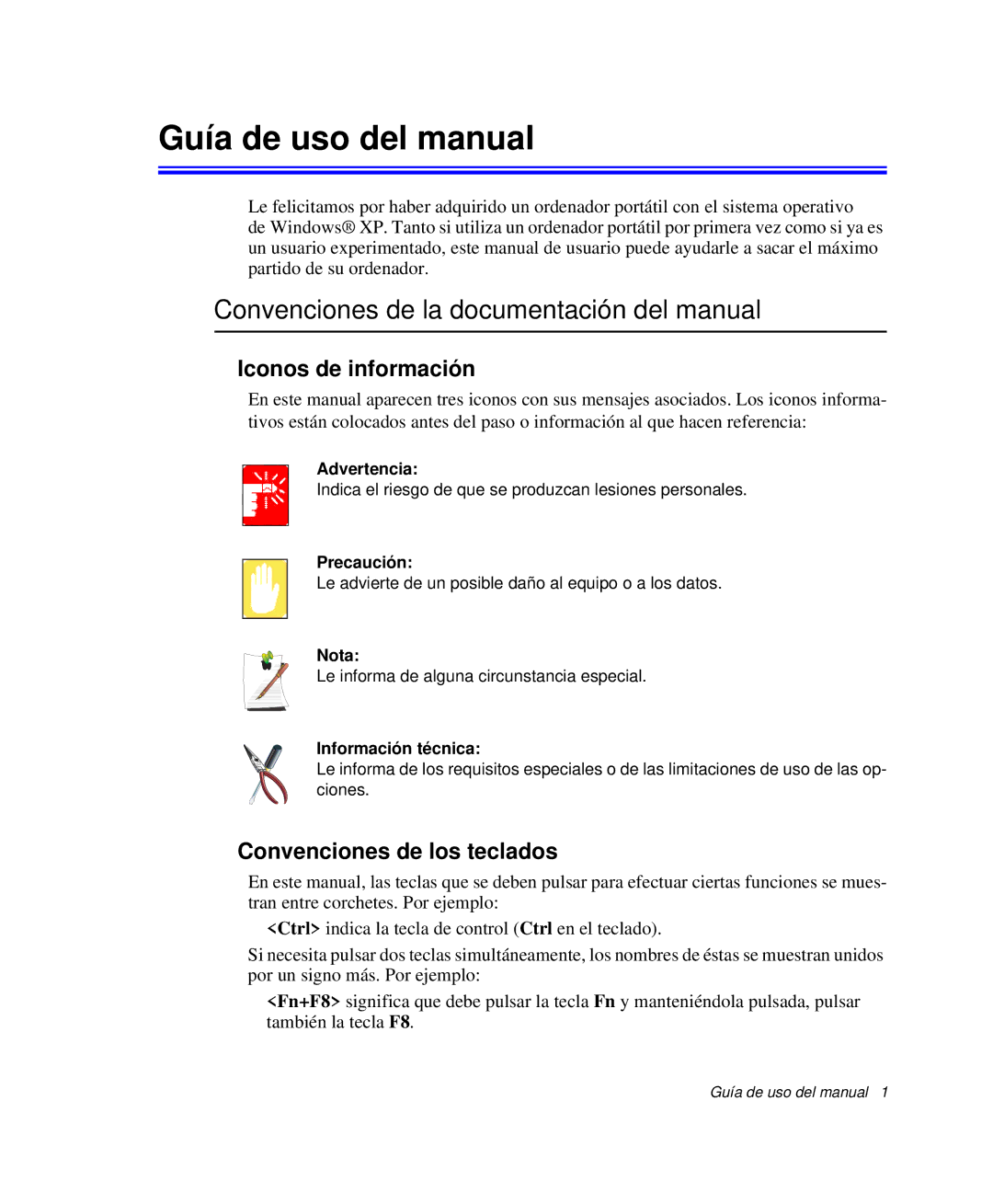 Samsung NP-G10K001/SES Guía de uso del manual, Convenciones de la documentación del manual, Iconos de información 