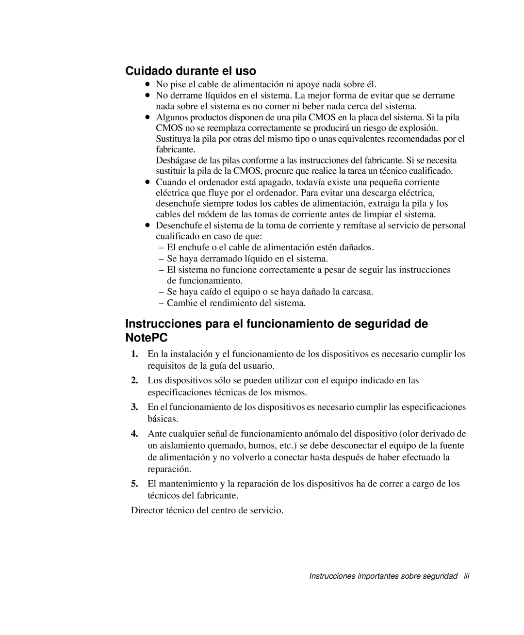 Samsung NP-G10K000/SES, NP-G10K001/SES Cuidado durante el uso, Instrucciones para el funcionamiento de seguridad de NotePC 