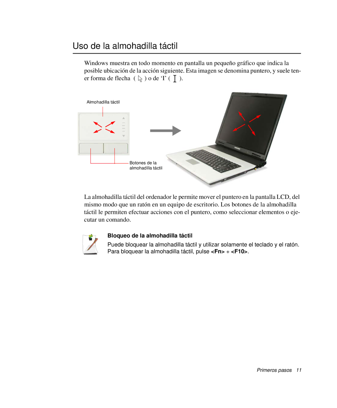 Samsung NP-G10K001/SES, NP-G10K000/SES manual Uso de la almohadilla táctil, Bloqueo de la almohadilla táctil 