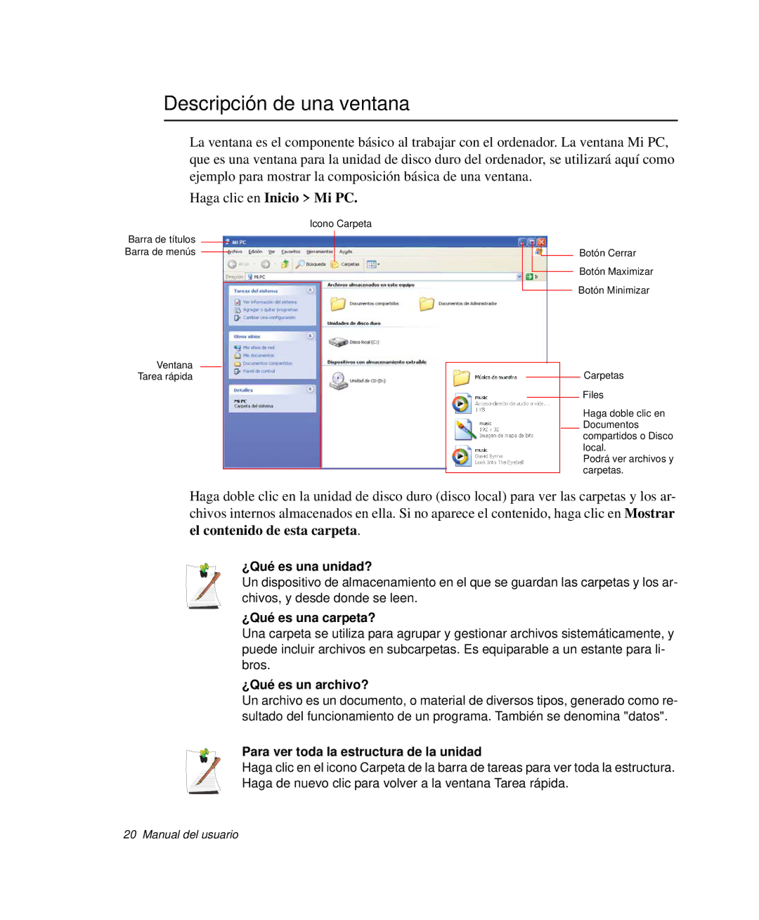 Samsung NP-G10K000/SES, NP-G10K001/SES manual Descripción de una ventana, Haga clic en Inicio Mi PC 