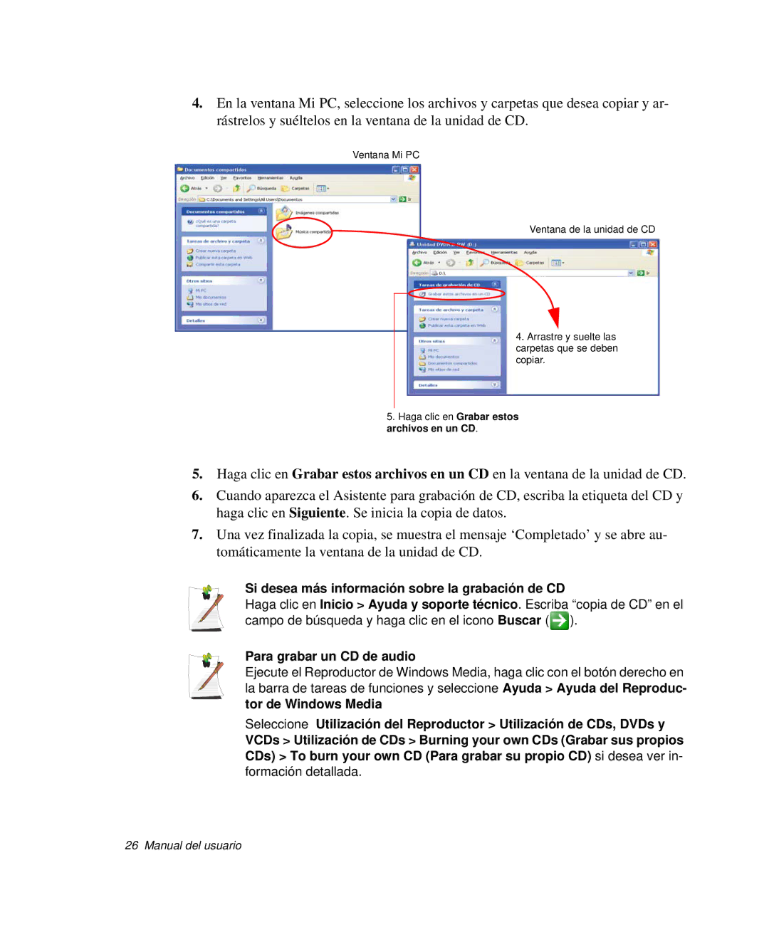 Samsung NP-G10K000/SES, NP-G10K001/SES manual Si desea más información sobre la grabación de CD, Para grabar un CD de audio 