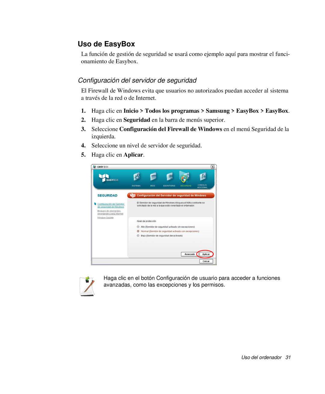 Samsung NP-G10K001/SES, NP-G10K000/SES manual Uso de EasyBox, Configuración del servidor de seguridad 