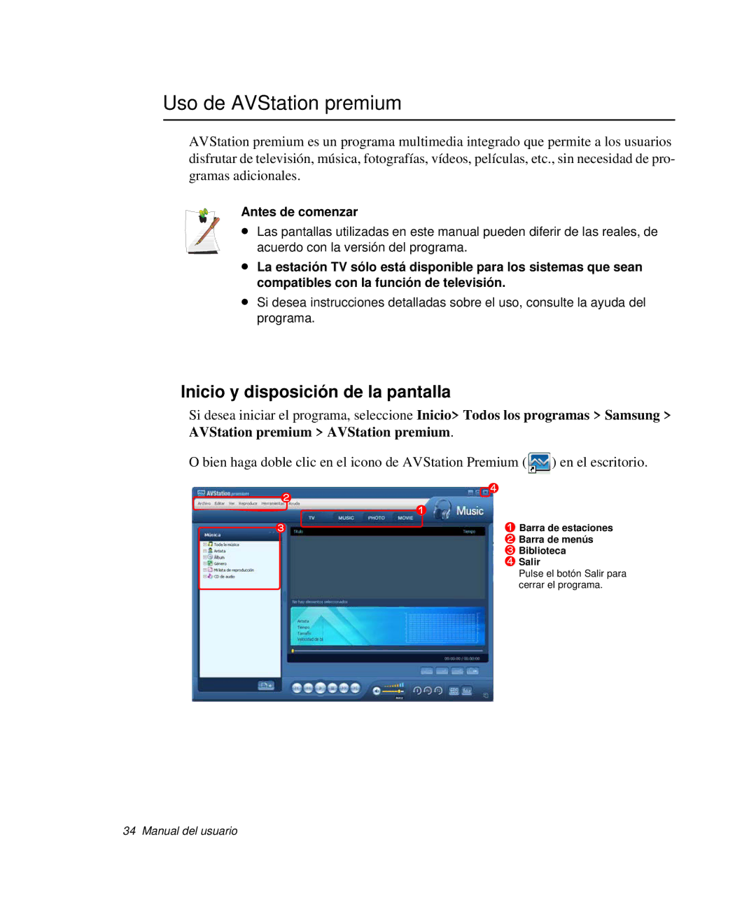 Samsung NP-G10K000/SES, NP-G10K001/SES Uso de AVStation premium, Inicio y disposición de la pantalla, Antes de comenzar 