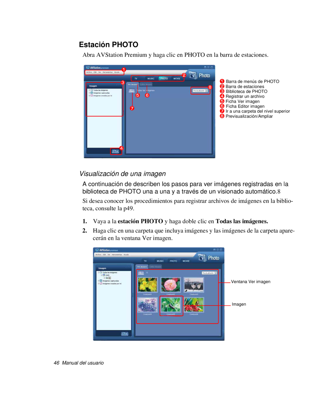 Samsung NP-G10K000/SES, NP-G10K001/SES manual Estación Photo, Visualización de una imagen 