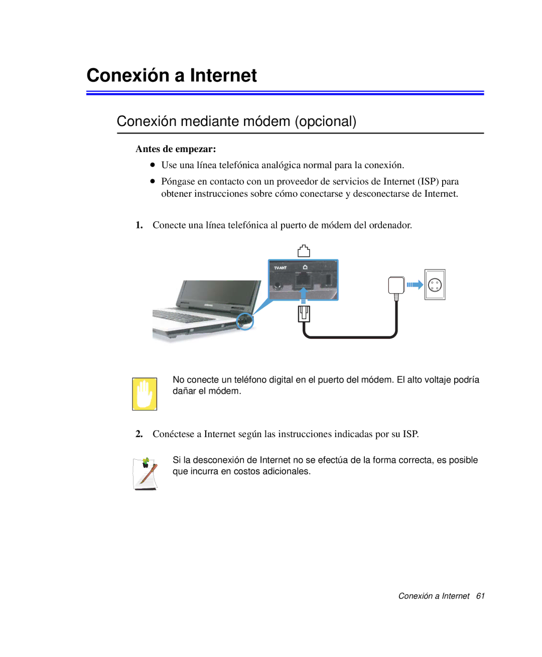 Samsung NP-G10K001/SES, NP-G10K000/SES manual Conexión a Internet, Conexión mediante módem opcional, Antes de empezar 