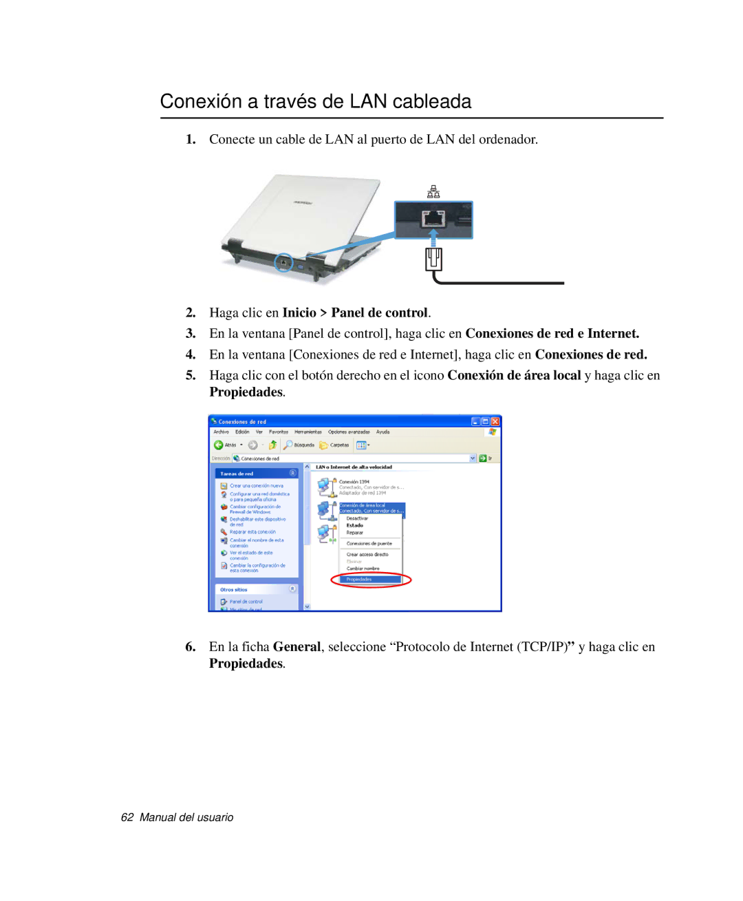 Samsung NP-G10K000/SES, NP-G10K001/SES manual Conexión a través de LAN cableada, Haga clic en Inicio Panel de control 