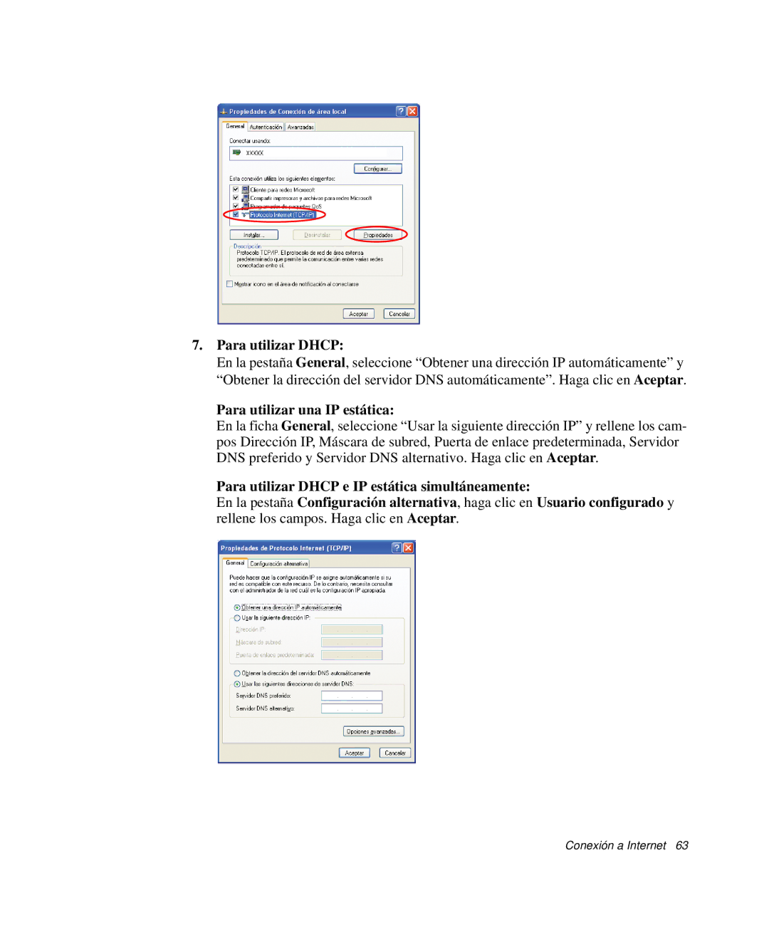 Samsung NP-G10K001/SES, NP-G10K000/SES manual Para utilizar Dhcp, Para utilizar una IP estática 