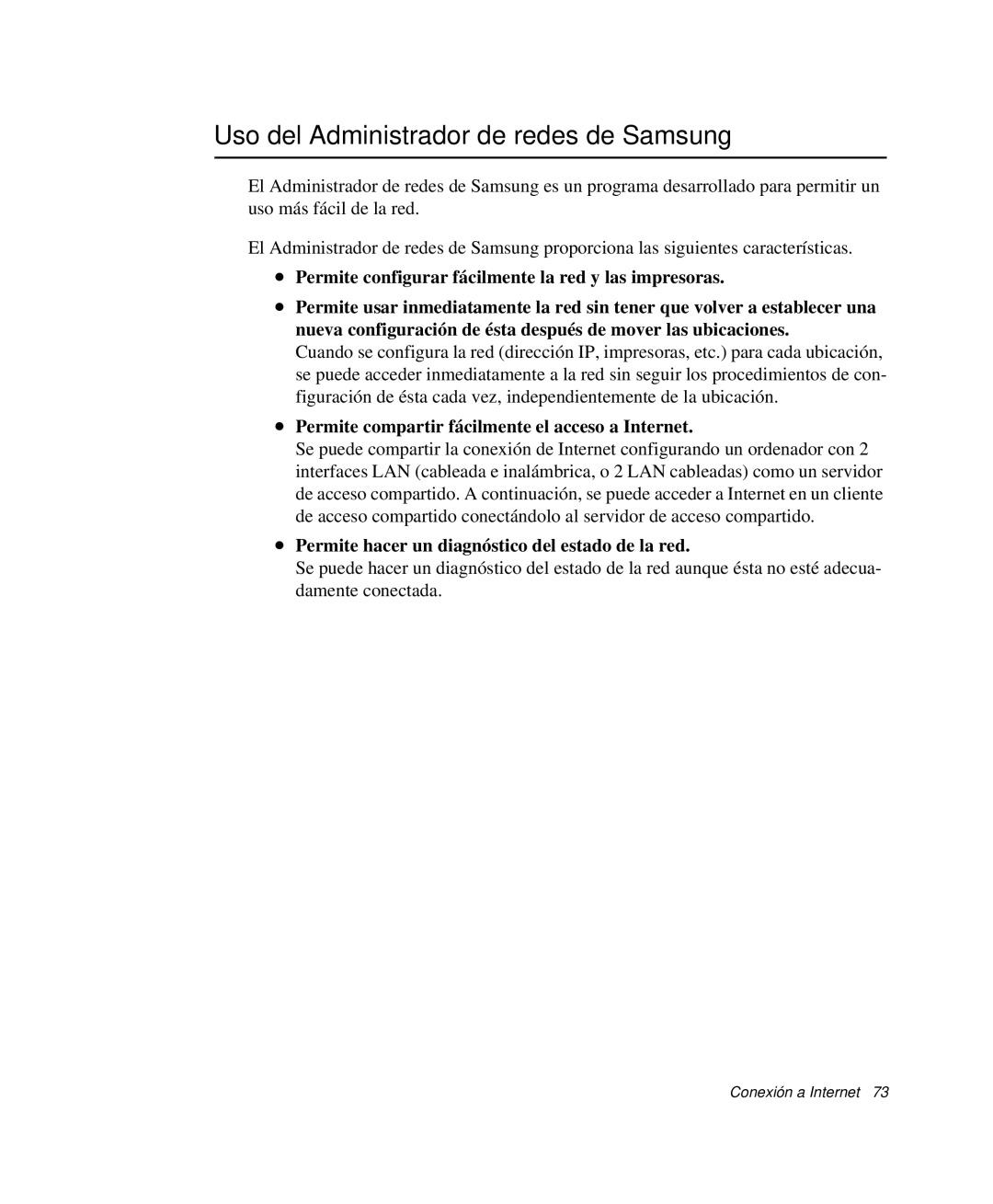 Samsung NP-G10K001/SES manual Uso del Administrador de redes de Samsung, Permite compartir fácilmente el acceso a Internet 