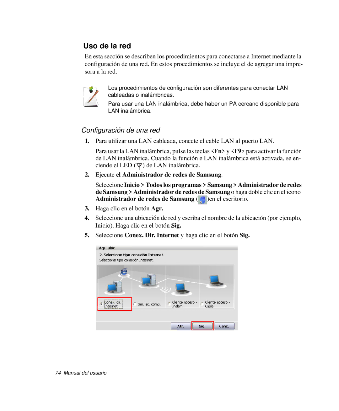 Samsung NP-G10K000/SES, NP-G10K001/SES manual Uso de la red, Configuración de una red 