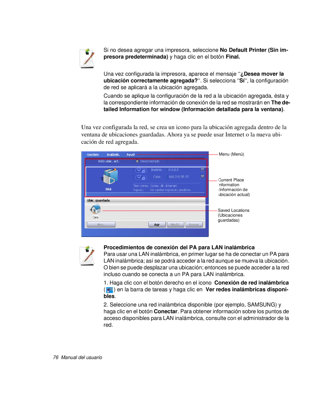 Samsung NP-G10K000/SES, NP-G10K001/SES manual Procedimientos de conexión del PA para LAN inalámbrica 