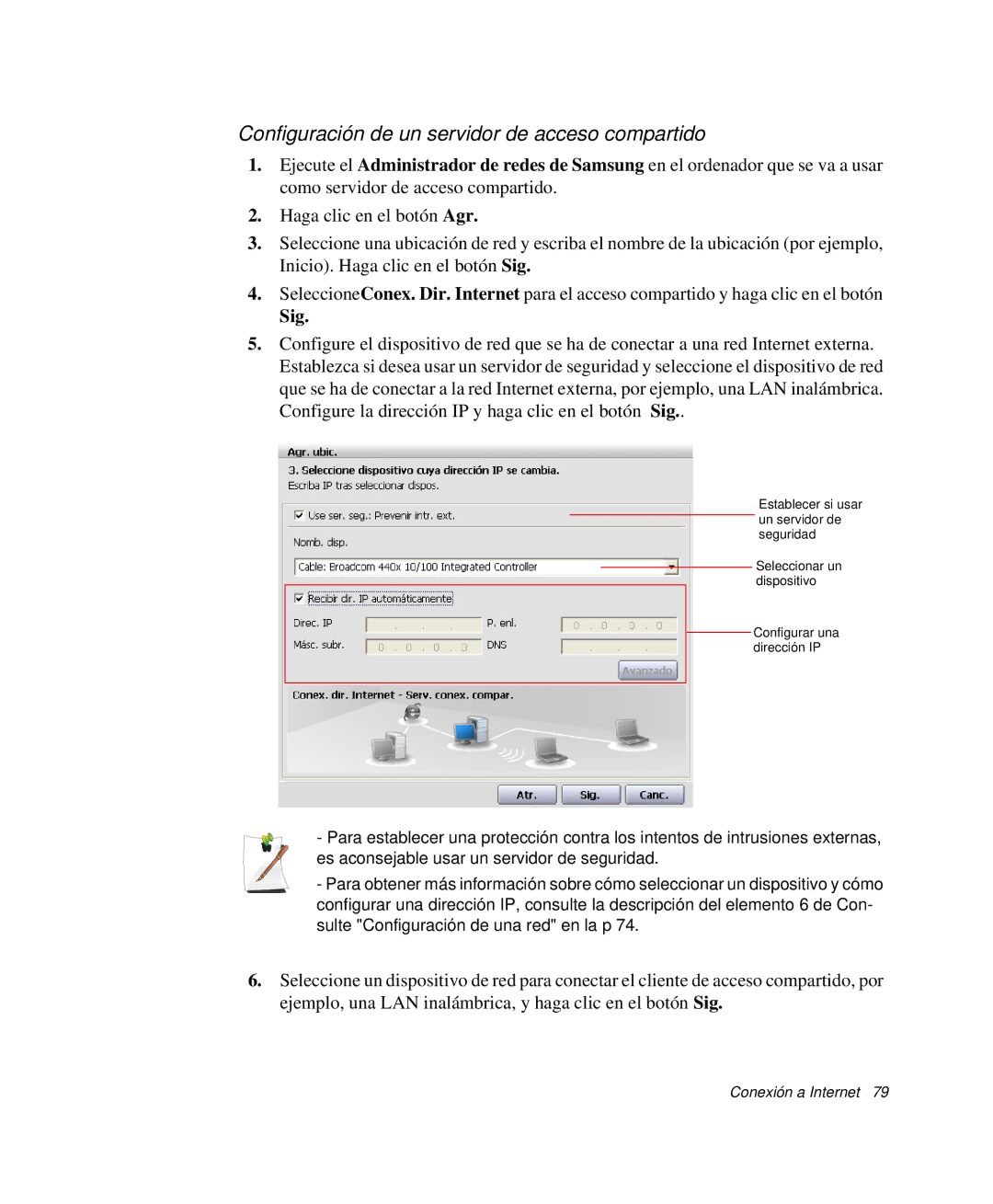 Samsung NP-G10K001/SES, NP-G10K000/SES manual Configuración de un servidor de acceso compartido, Sig 