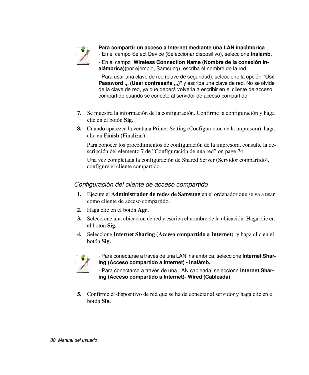 Samsung NP-G10K000/SES, NP-G10K001/SES manual Configuración del cliente de acceso compartido 