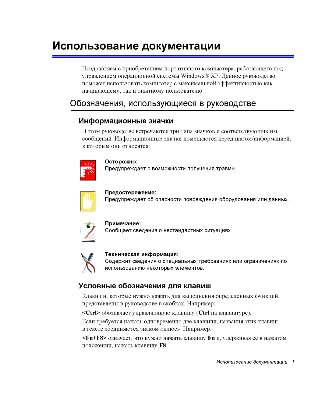 Samsung NP-G10K000/SER manual Использование документации, Обозначения, использующиеся в руководстве, Информационные значки 