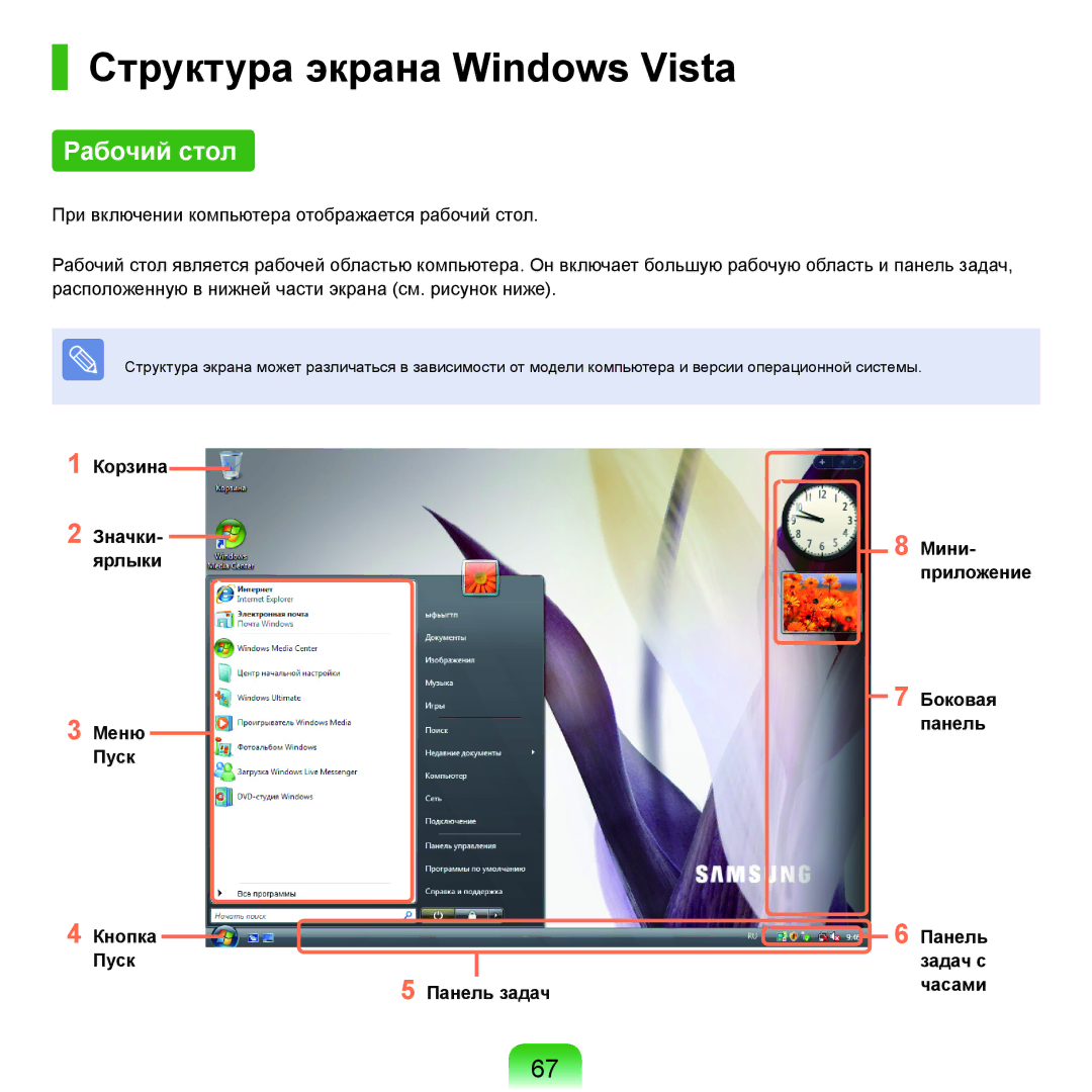 Samsung NP-G25F001/SER, NP-G25F004/SER, NP-G25F003/SER Структура экрана Windows Vista, Рабочий стол, Задач Часами, Панель 