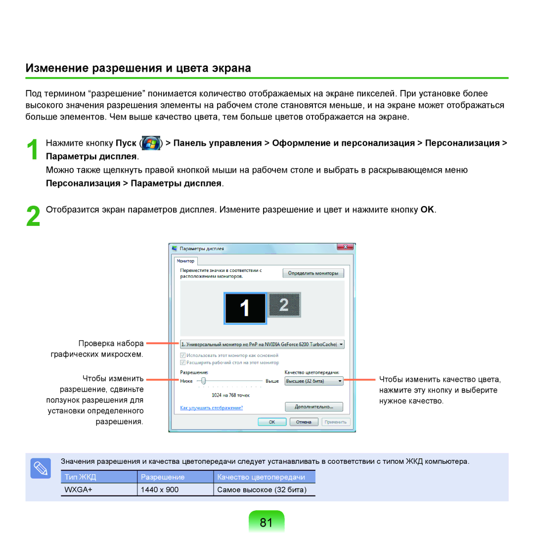 Samsung NP-G25F002/SER, NP-G25F004/SER, NP-G25F003/SER, NP-G25F001/SER, NP-G25F000/SER Изменение разрешения и цвета экрана 