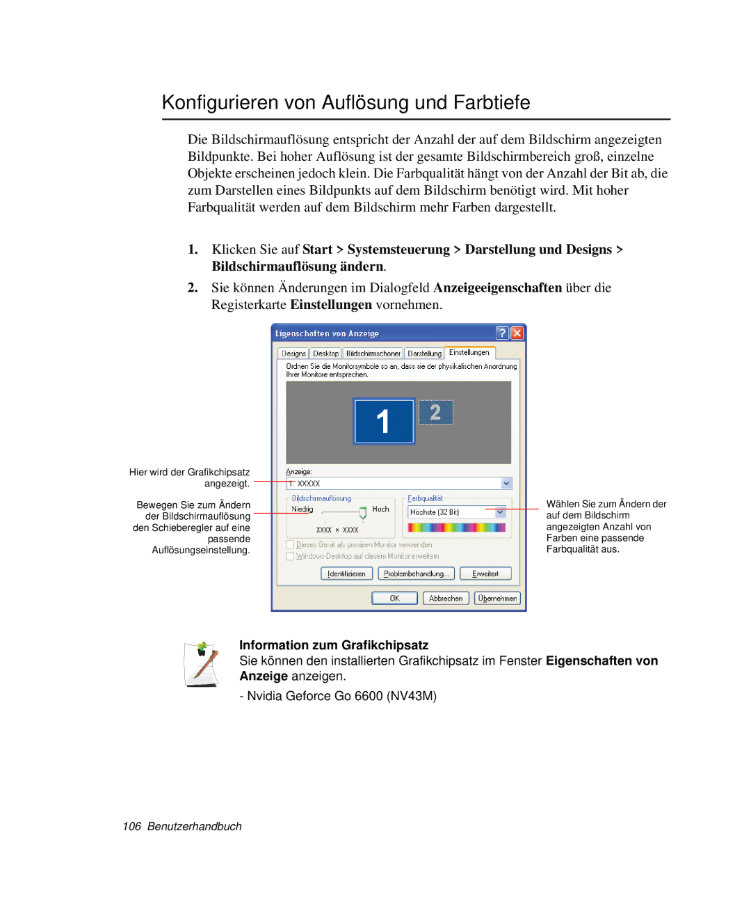 Samsung NP-M50C002/SEG, NP-M50T001/SEG manual Konfigurieren von Auflösung und Farbtiefe, Information zum Grafikchipsatz 