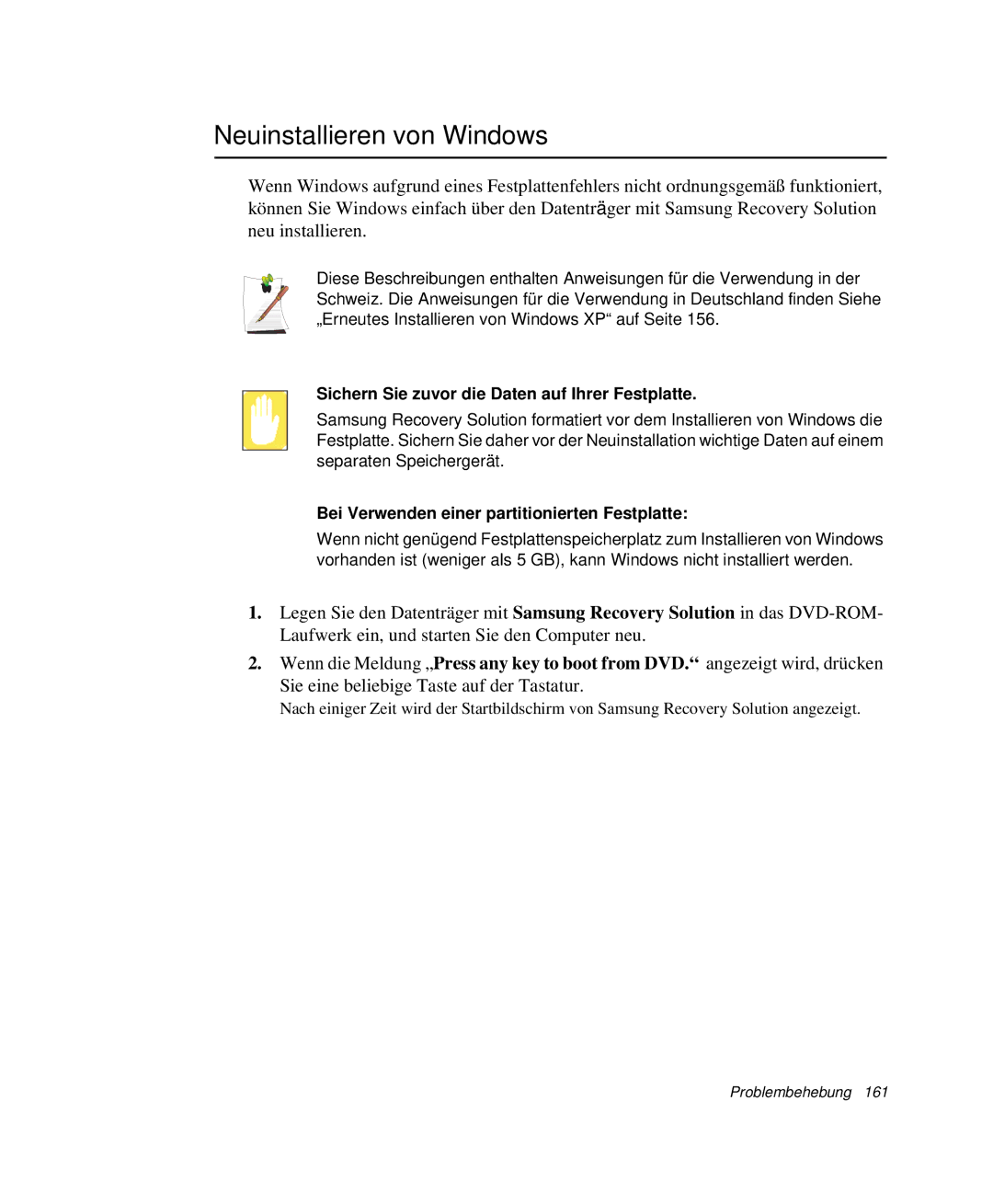 Samsung NP-M50C004/SEG, NP-M50C002/SEG manual Neuinstallieren von Windows, Sichern Sie zuvor die Daten auf Ihrer Festplatte 