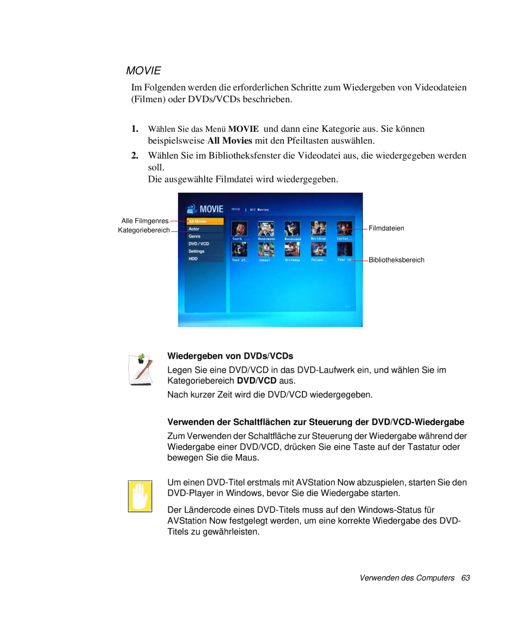 Samsung NP-M50C004/SEG, NP-M50C002/SEG, NP-M50T001/SEG, NP-M50T000/SEG, NP-M50C001/SEG manual Movie, Wiedergeben von DVDs/VCDs 